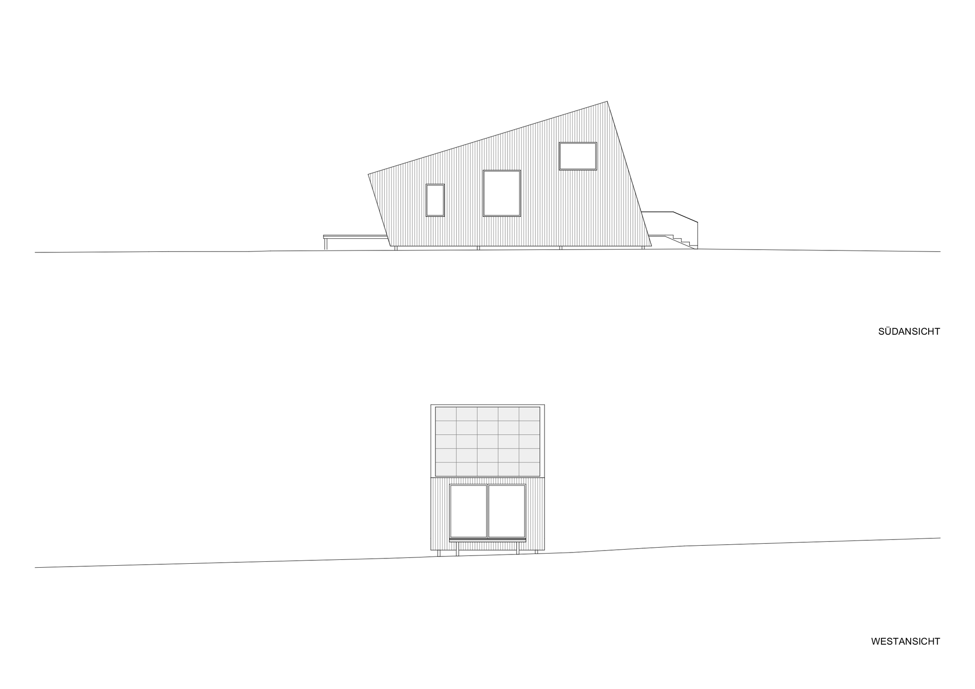 South and west elevation drawings showing the angled facade with vertical cladding and window openings