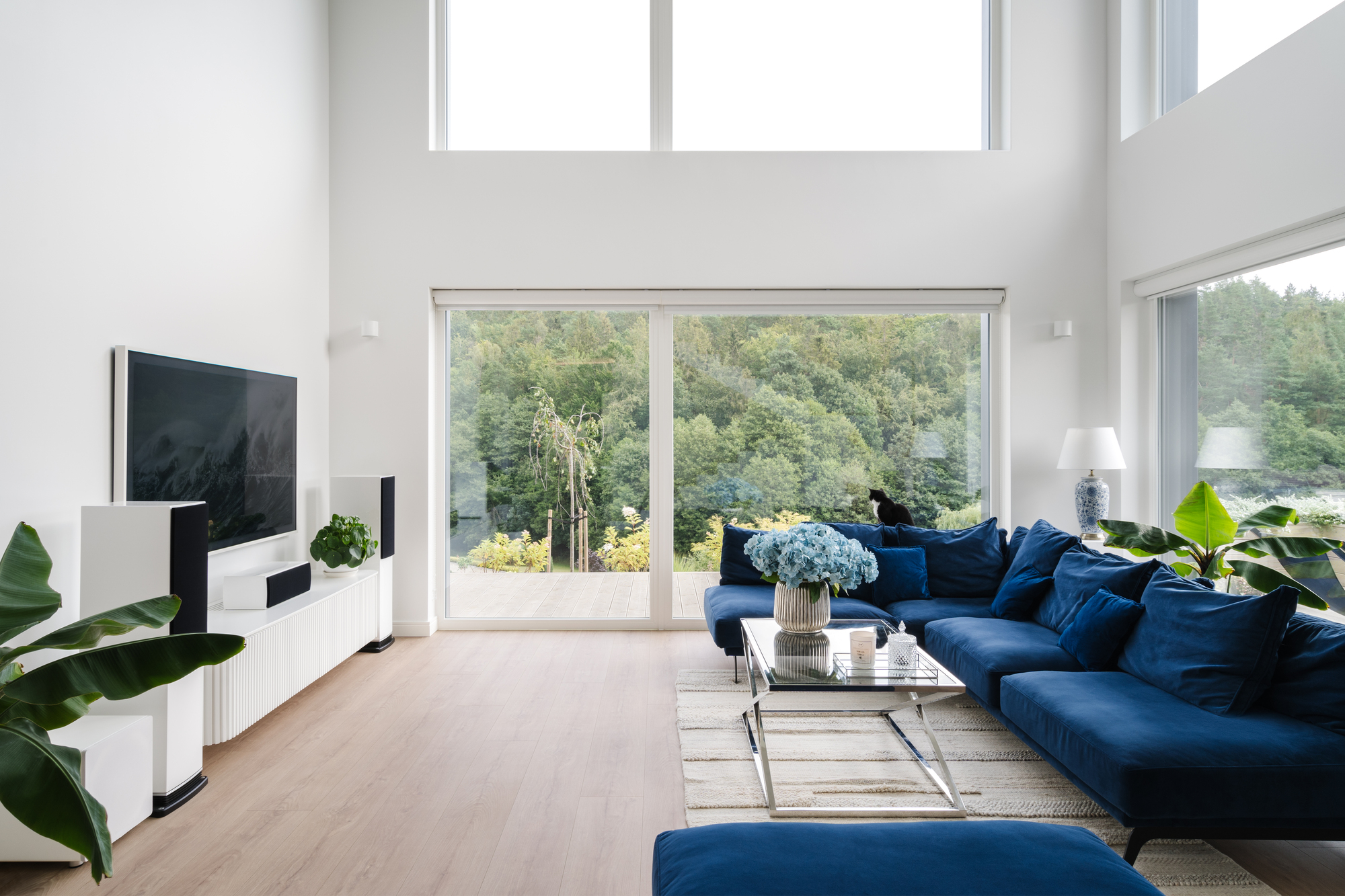 Double-height living room with sliding doors opening to trees and light wood flooring
