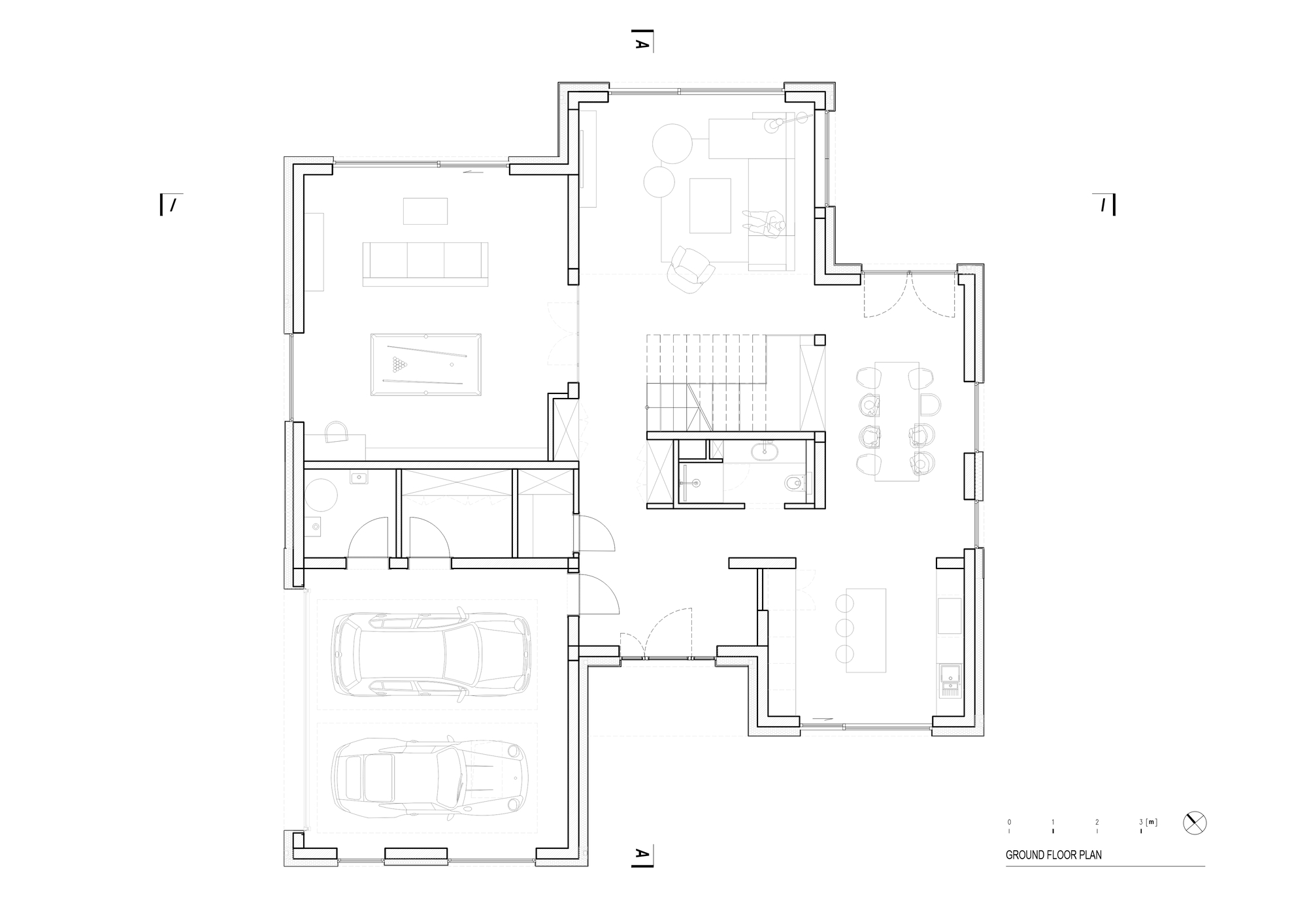Ground floor plan drawing with garage, stairwell, and open living spaces arranged around a central core