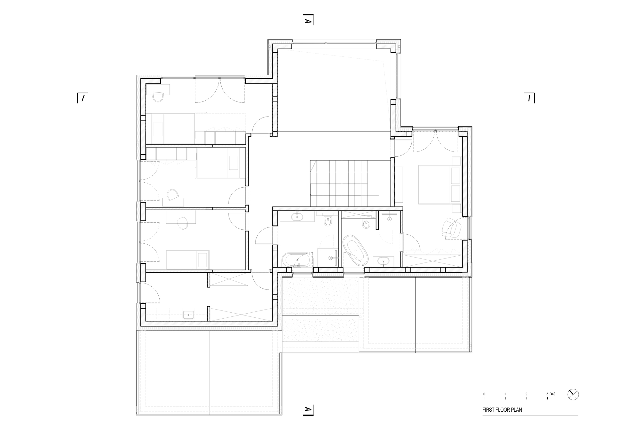 First floor plan drawing showing bedrooms and bathrooms clustered around a central stair and terrace