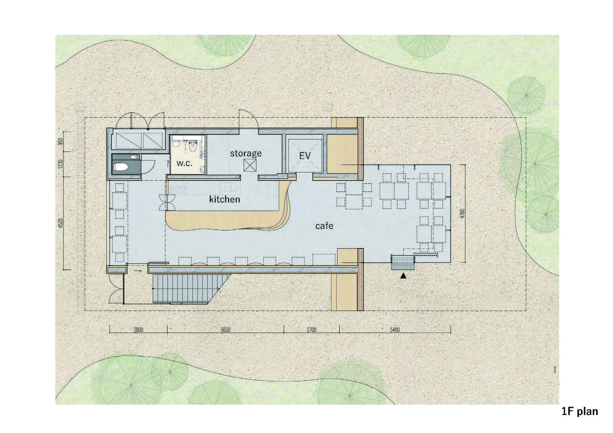 First floor plan drawing showing cafe space with kitchen and service areas in watercolor rendering