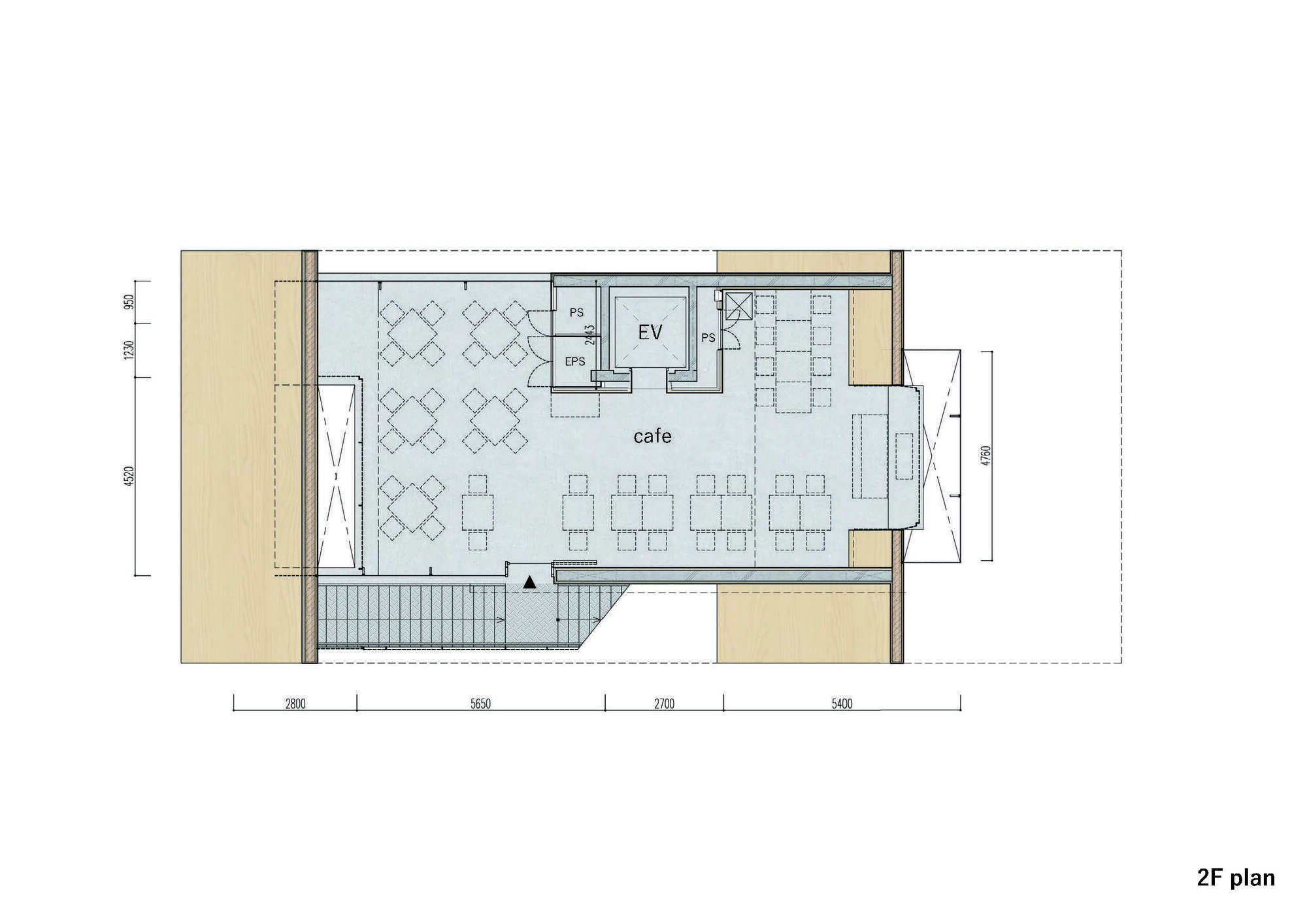Second floor plan drawing depicting cafe seating area with restrooms and elevator in muted tones
