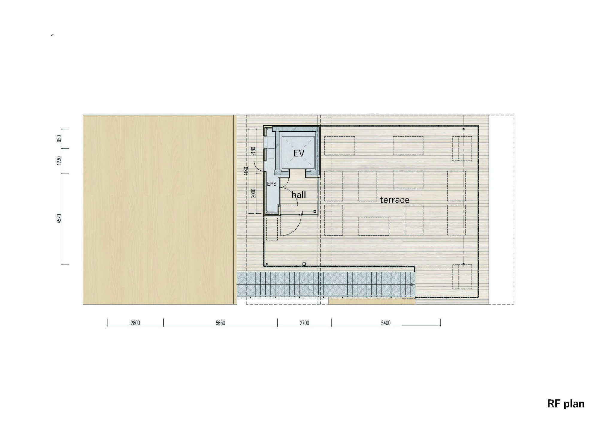 Roof plan drawing showing a large terrace with decking and a stair descending to the level below