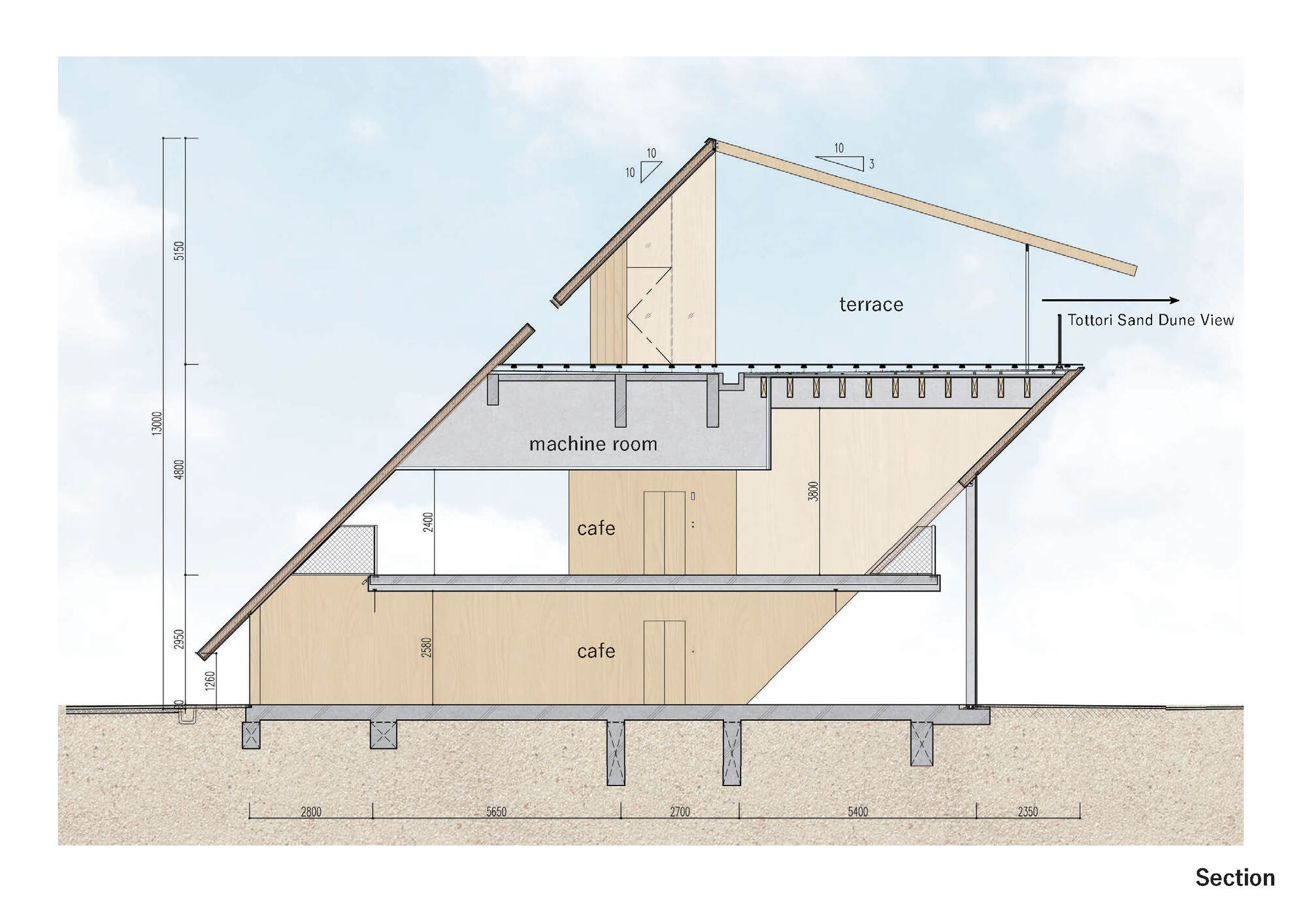 Section drawing revealing split-level cafe spaces beneath an angular sloping roof and machine room