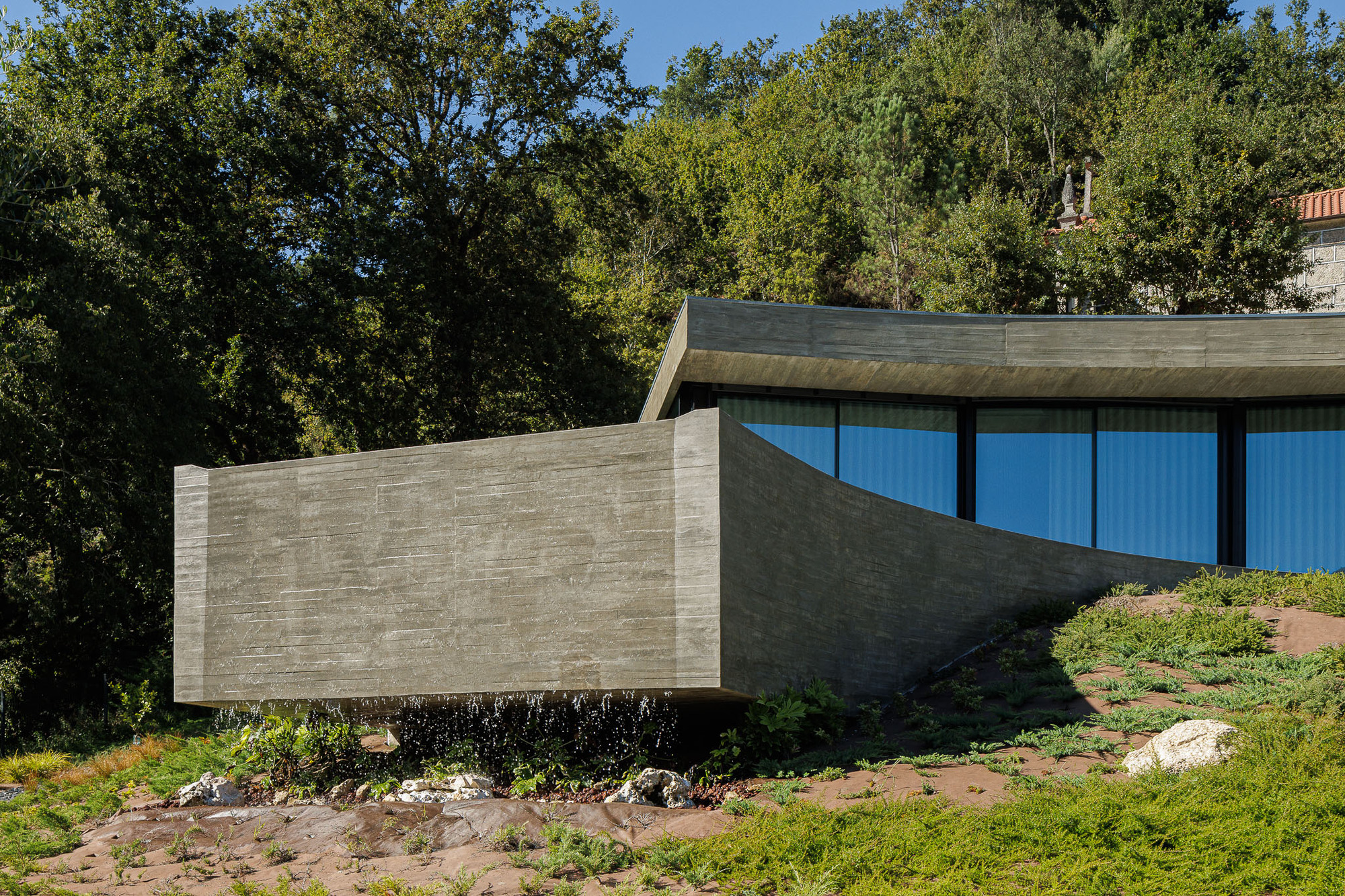 Cantilevered concrete volume with clerestory glazing emerging from a planted hillside beneath mature trees