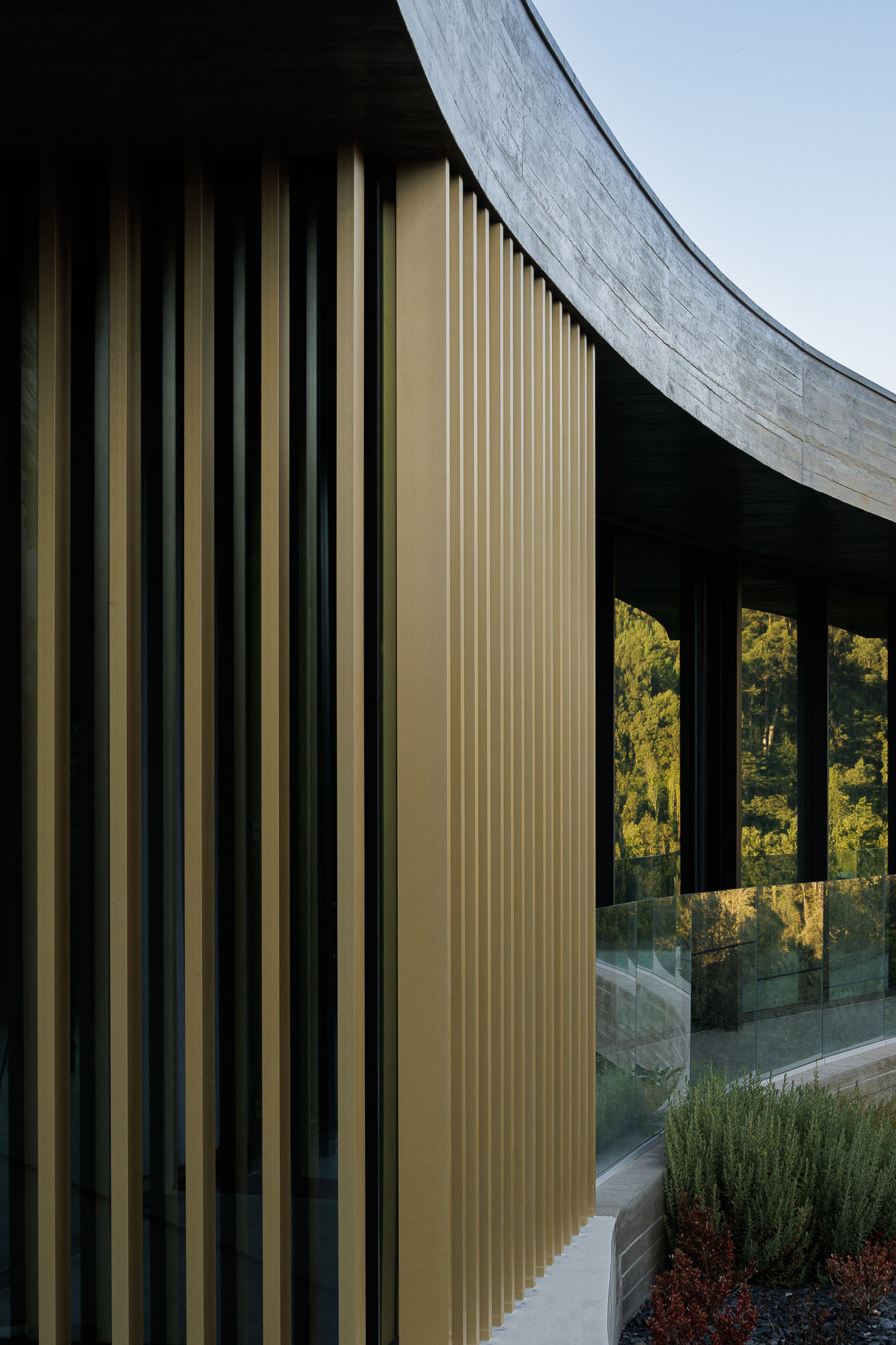 Corner detail of vertical timber battens meeting floor-to-ceiling glazing at dusk with trees beyond