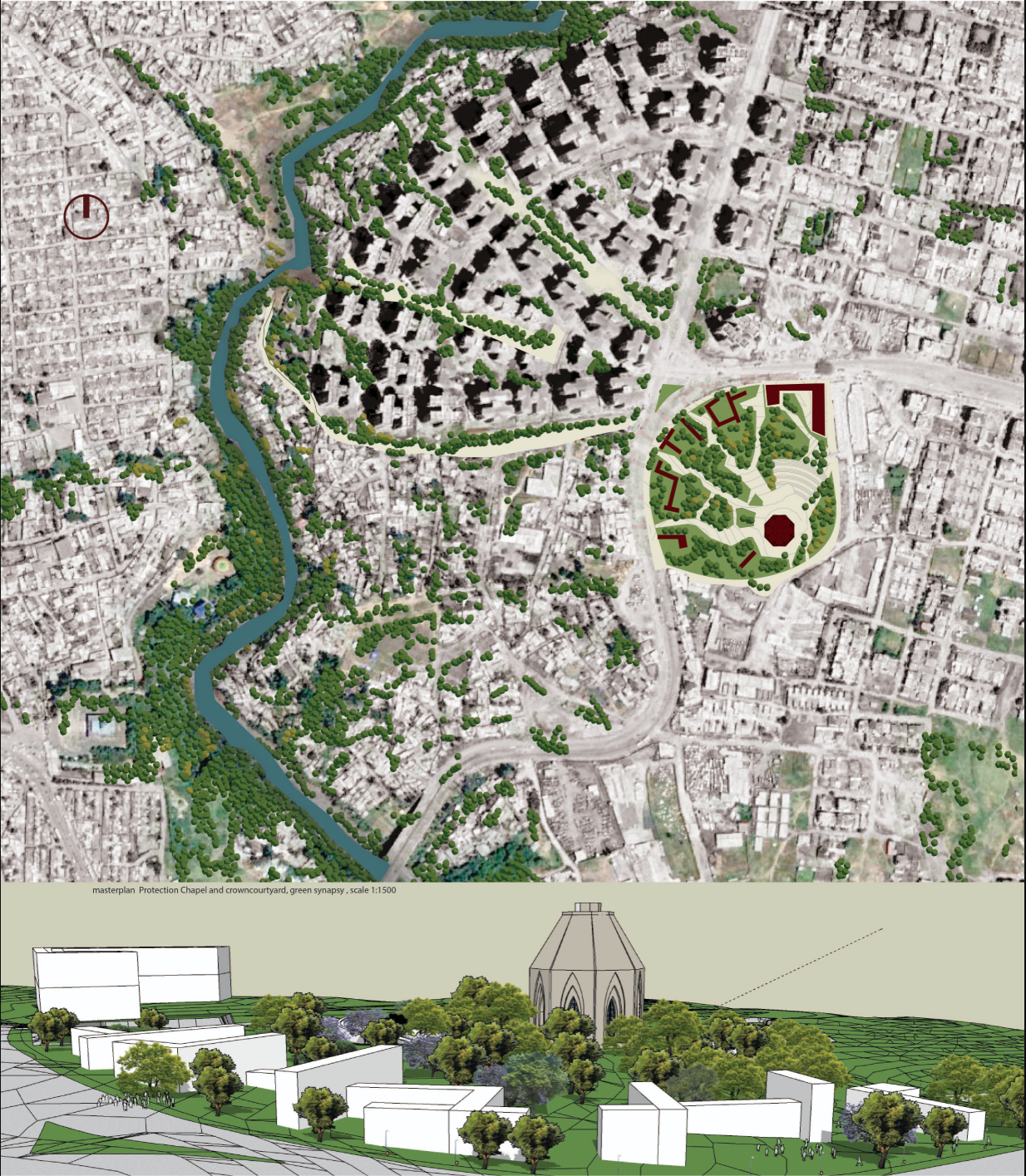 Masterplan reconnecting River Bulbula with the Protection Chapel through an integrated green corridor and urban landscape strategy.