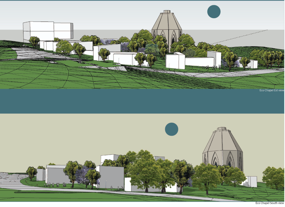 Perspective views illustrating the green synapsy, bioclimatic courtyards, and pedestrian journey linking nature with worship.