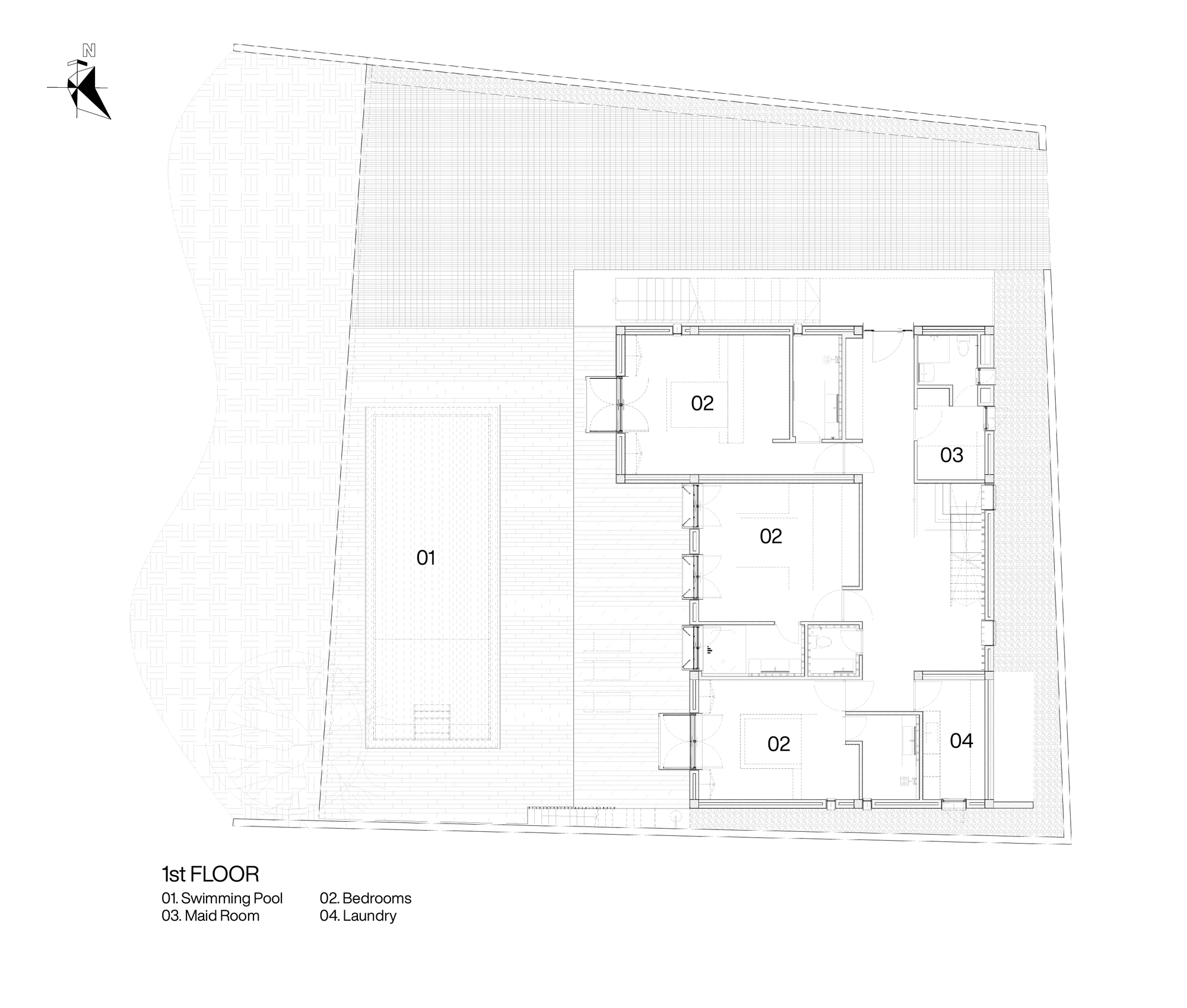 First floor plan drawing showing swimming pool terrace and bedrooms on an angled site