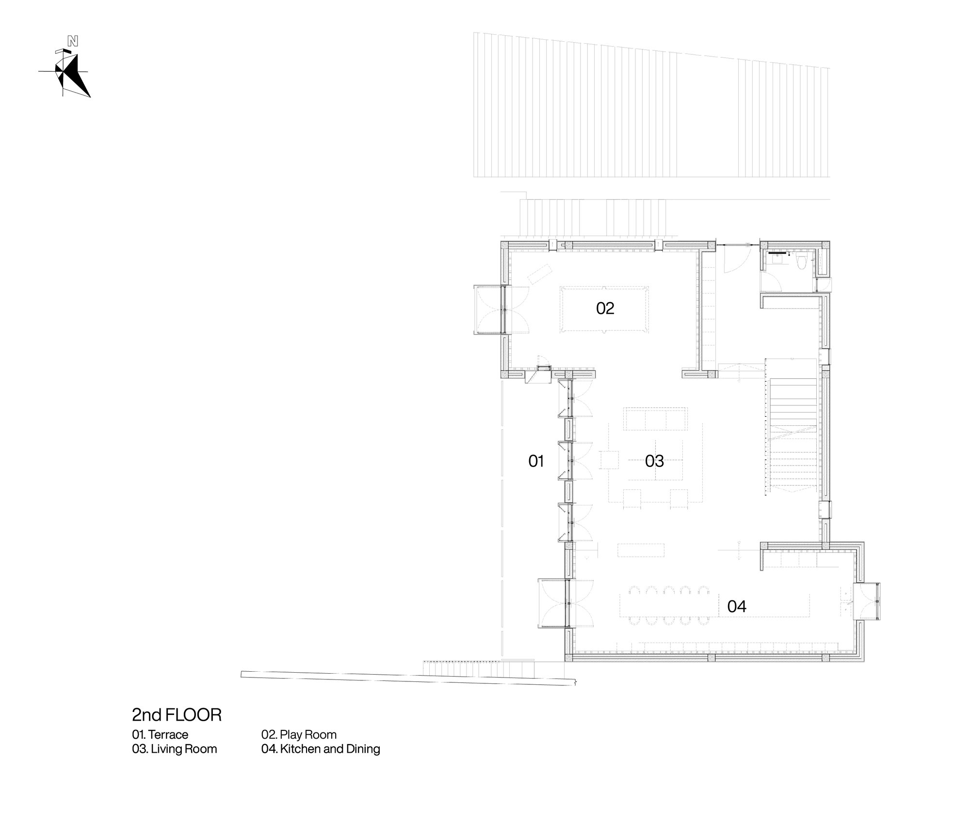 Second floor plan drawing showing living spaces and kitchen opening onto a terrace with louvered screen