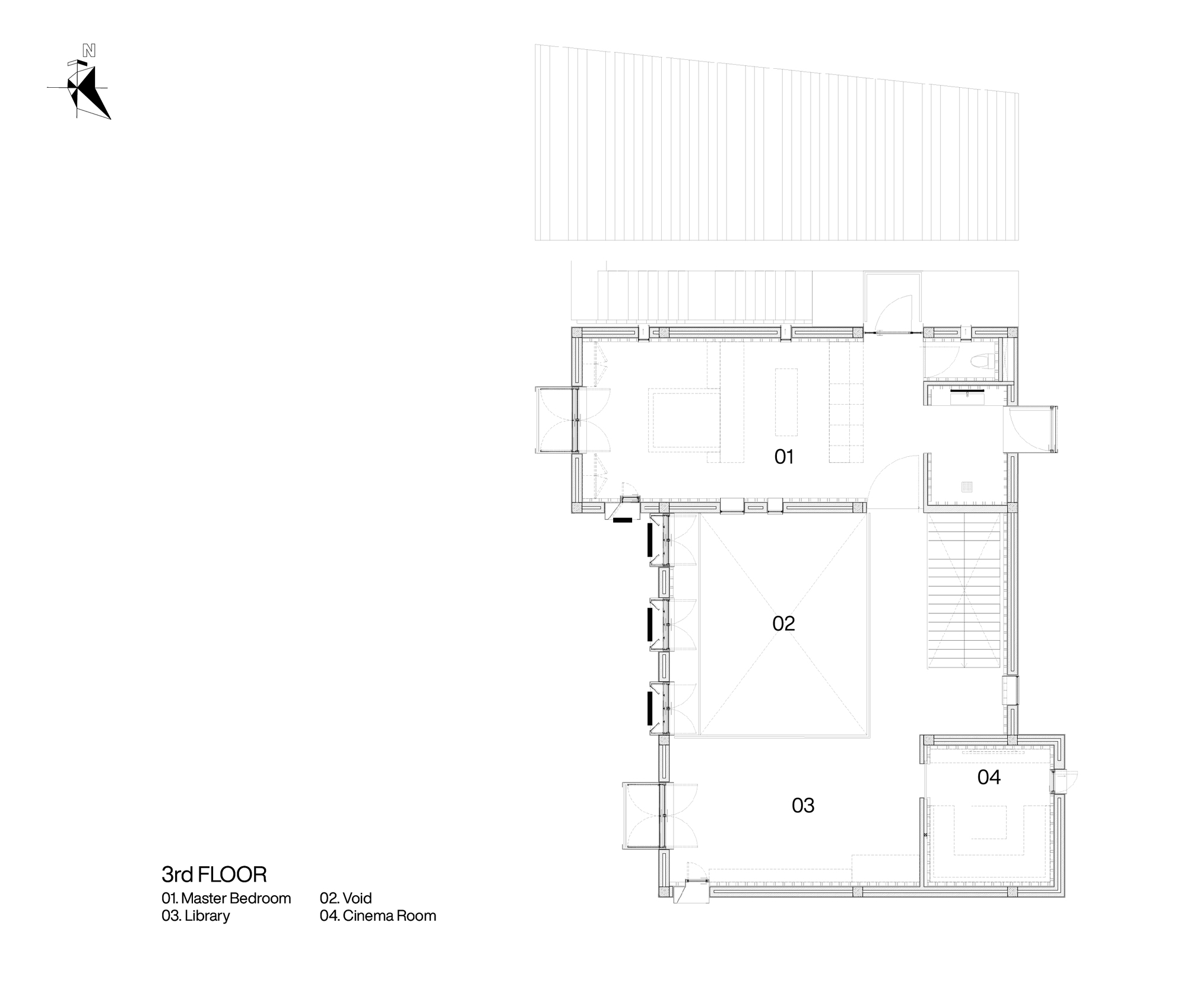 Third floor plan showing four rooms including a master bedroom, void, library and cinema room