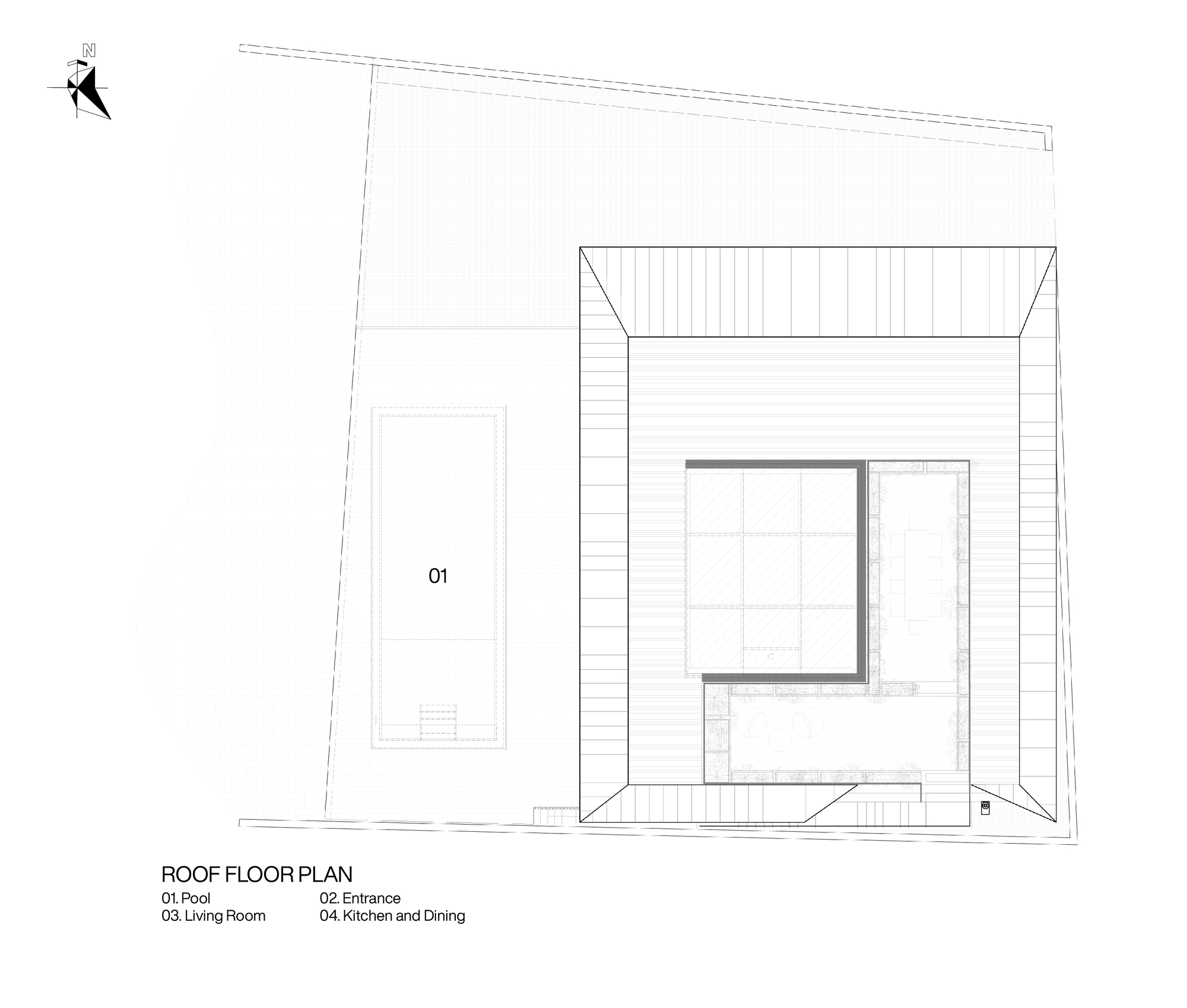 Roof floor plan showing a pool, living room, kitchen and entrance around a central courtyard