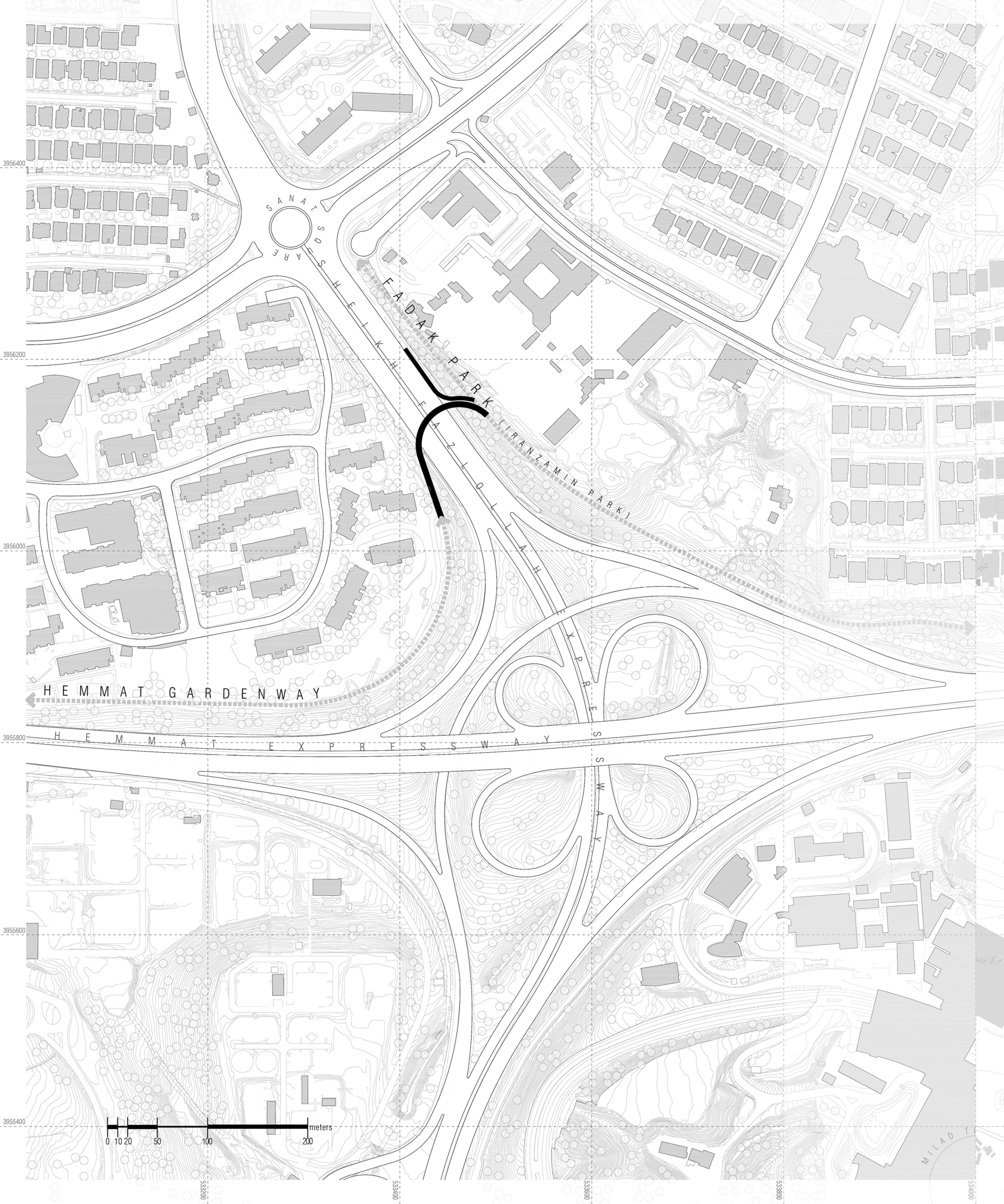 Site plan drawing showing the curved pedestrian bridge path connecting residential blocks and highway infrastructure