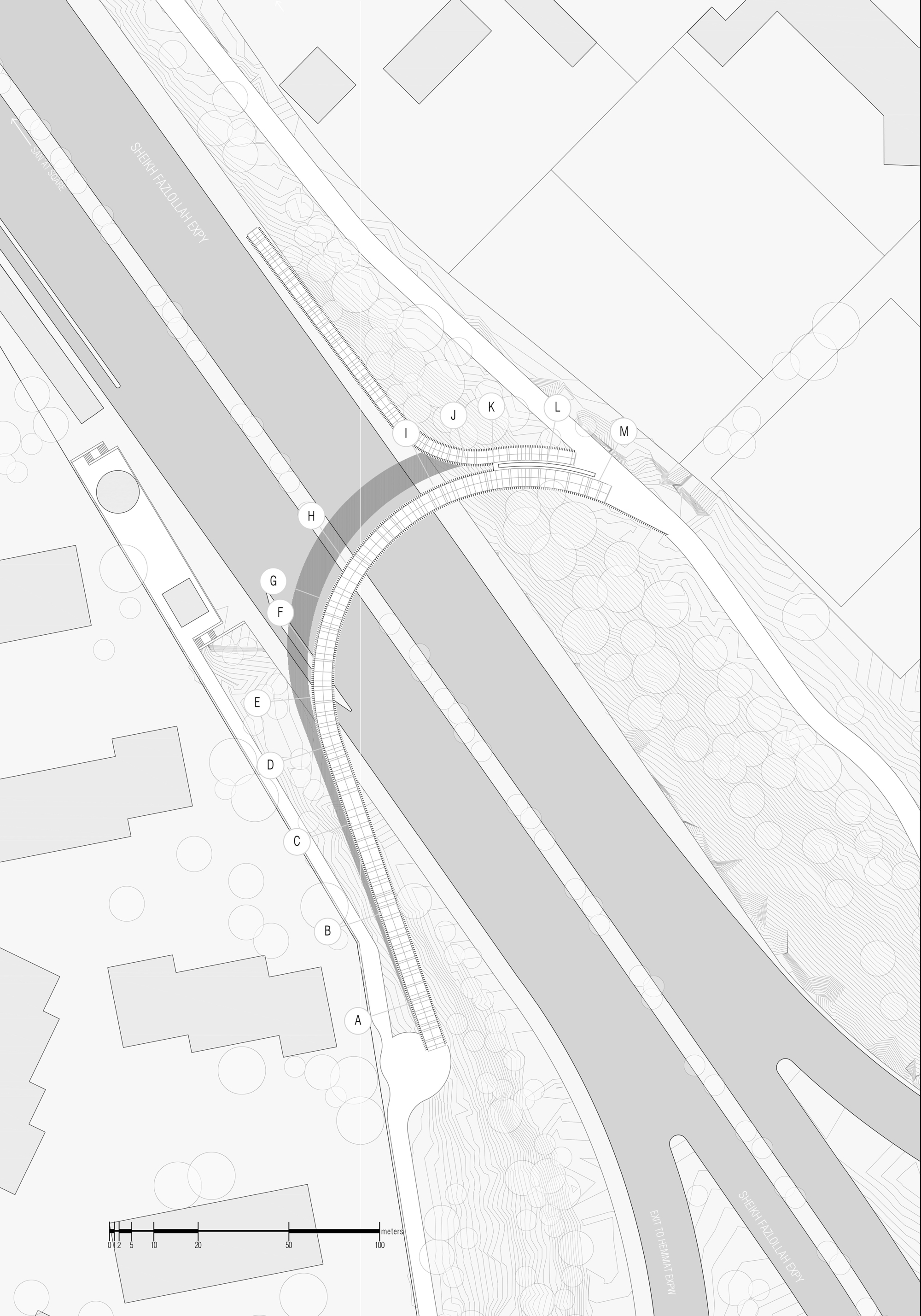 Detailed plan drawing of the curved bridge structure spanning roadways with planted buffer zones