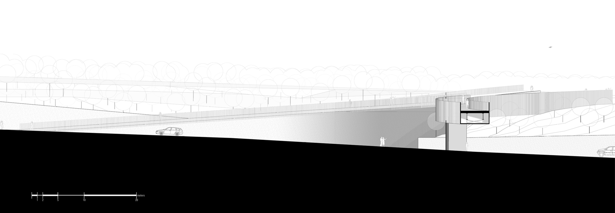 Cross section drawing showing the bridge deck elevation relative to adjacent retaining walls and street level