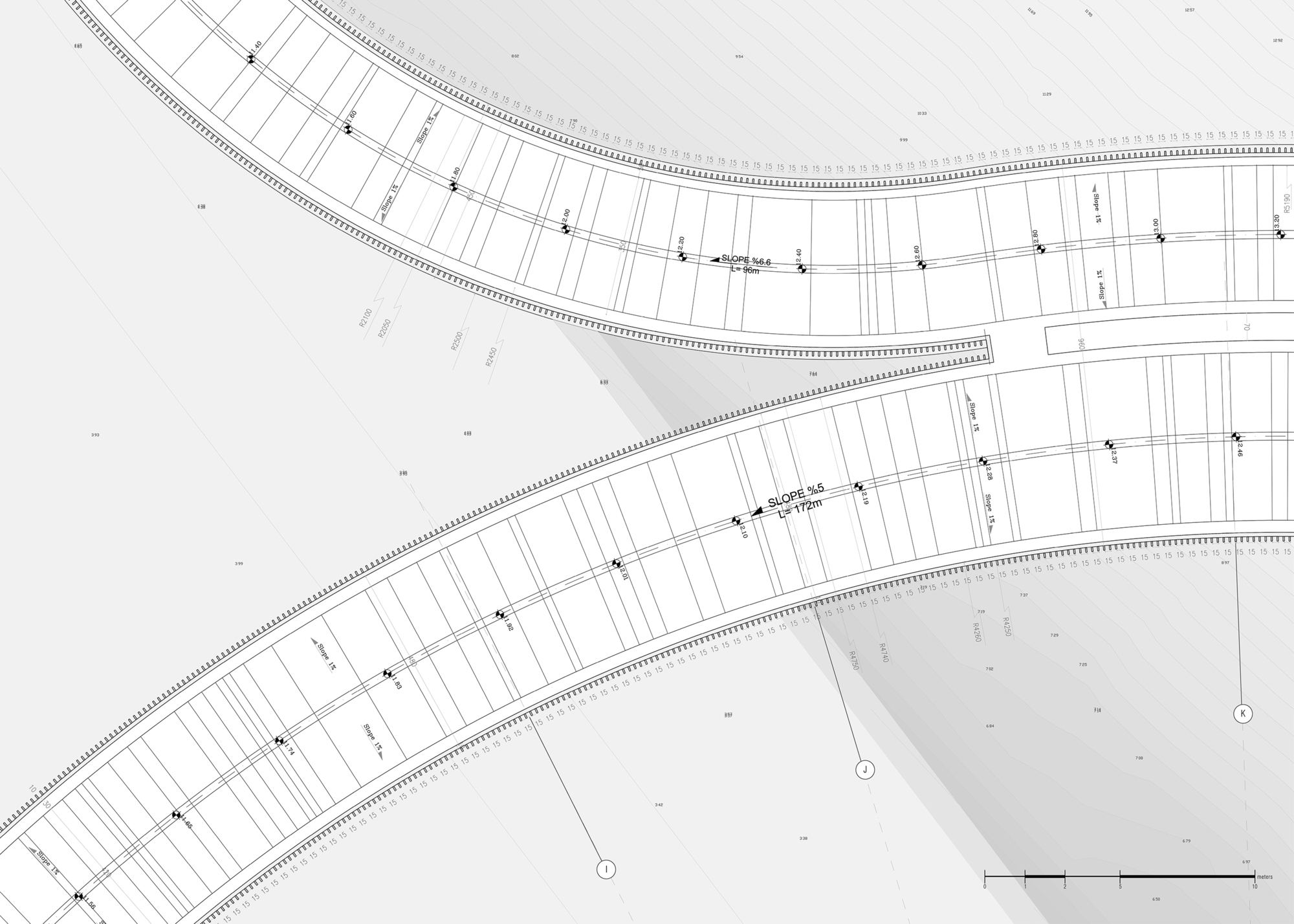 Site plan drawing showing curved pedestrian pathways crossing through parallel rows of rectangular building plots