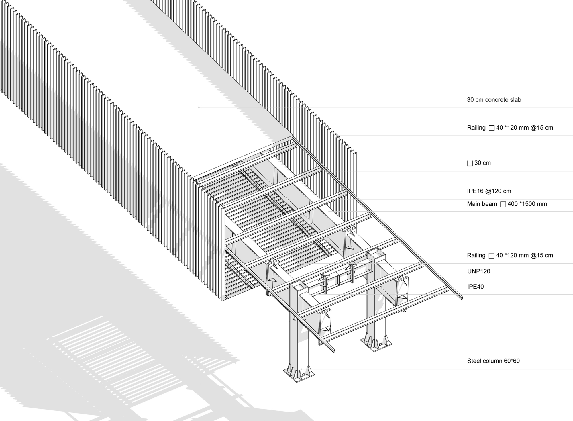 Axonometric drawing revealing the steel frame structure with main beams, railing, and concrete slab assembly
