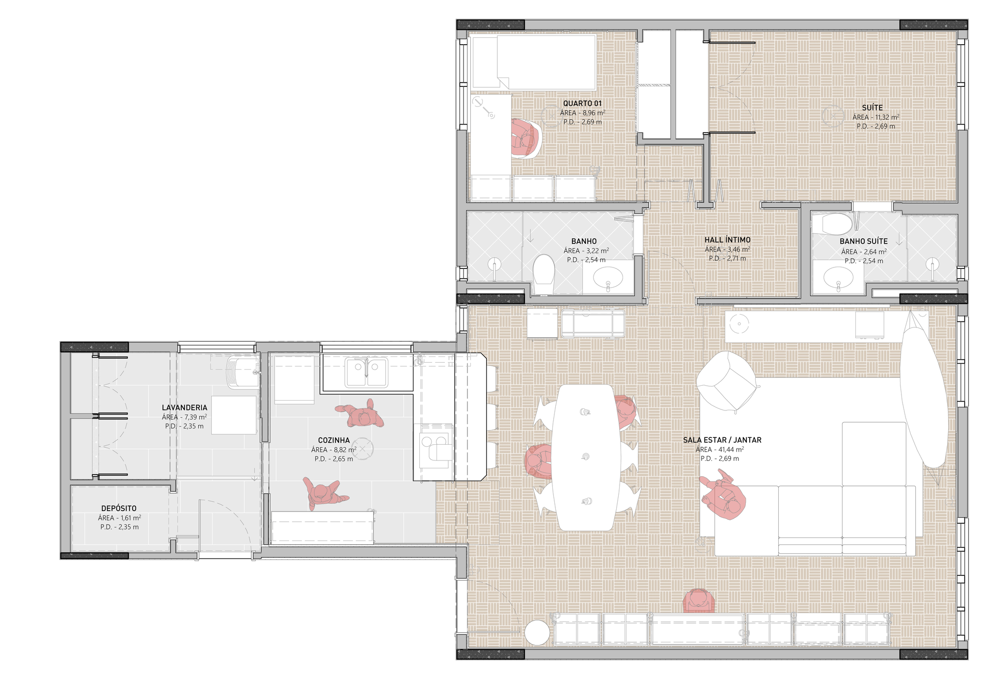 Floor plan drawing showing open living and dining area with kitchen wing and two bedrooms