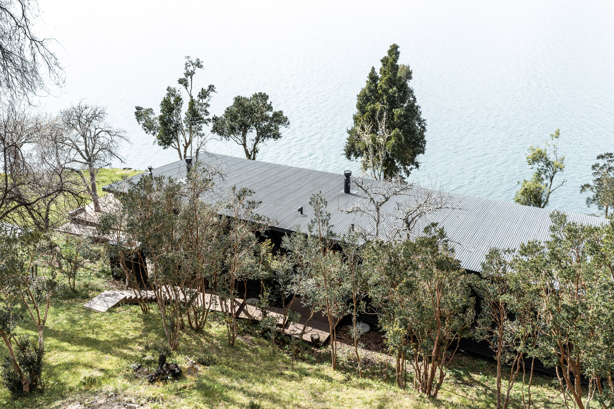 Aerial view of corrugated metal roof nestled among trees on a grassy slope above the lake