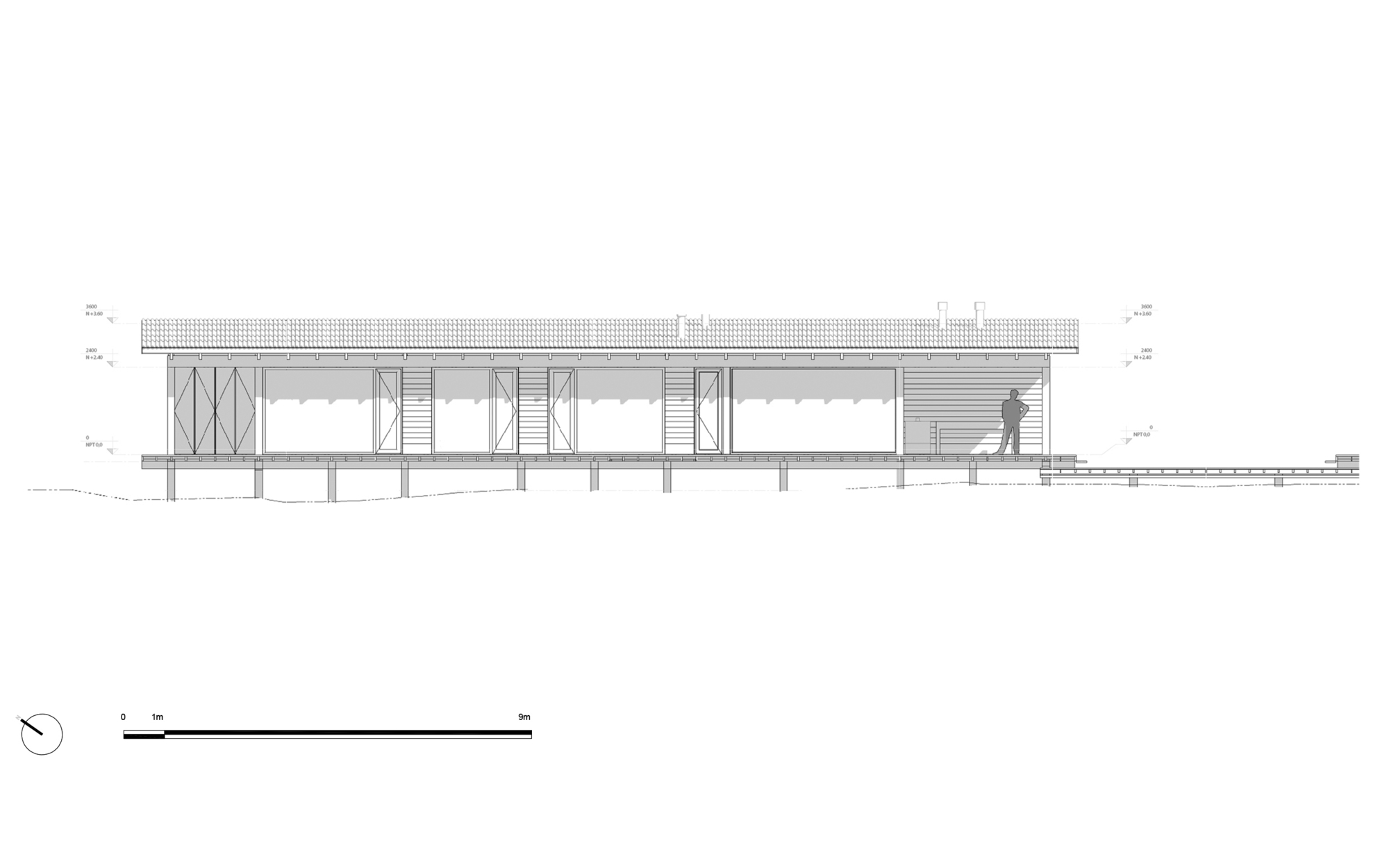 Elevation drawing showing raised volume on columns with timber cladding and flat roof overhang