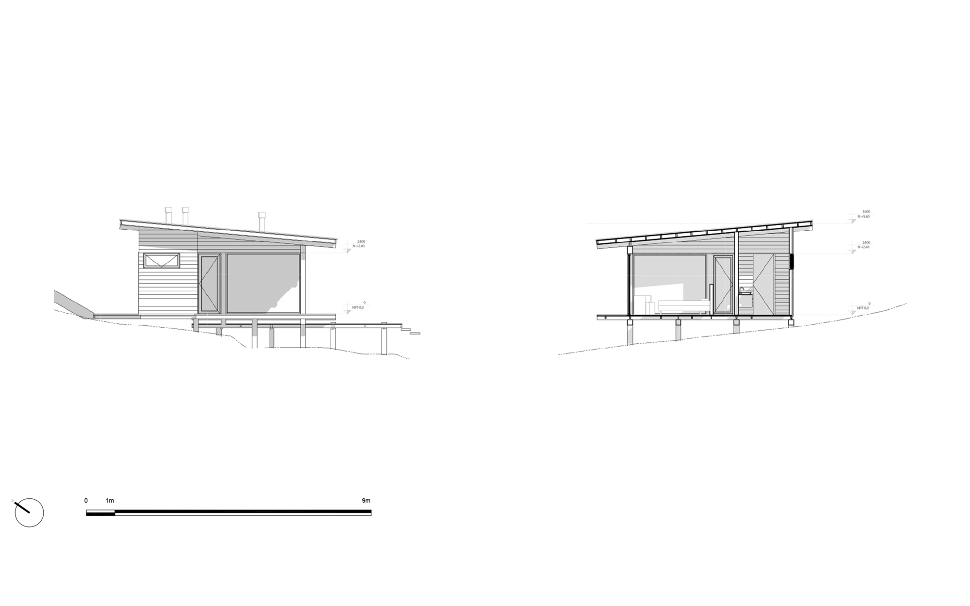 Section drawings showing the structure elevated on posts following the sloped terrain