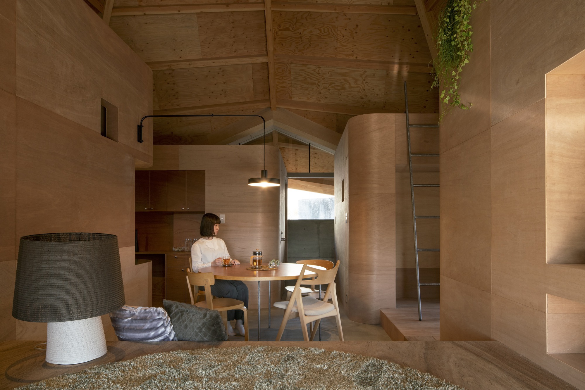 Dining area with timber table and chairs framed by plywood walls and pendant light fixture
