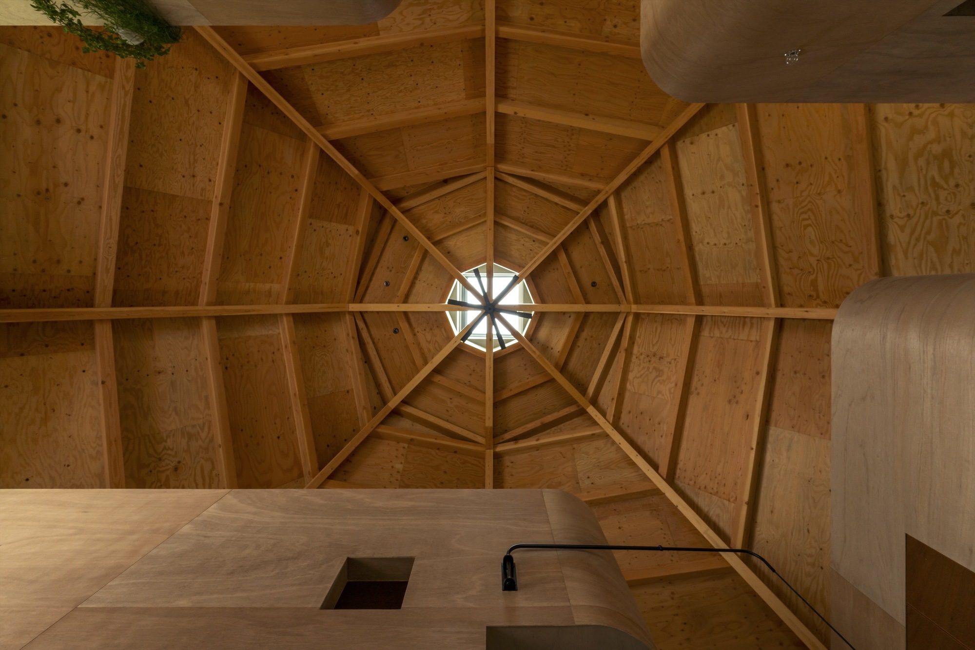 Looking up at the polygonal timber ceiling with radial framing converging at a central octagonal skylight