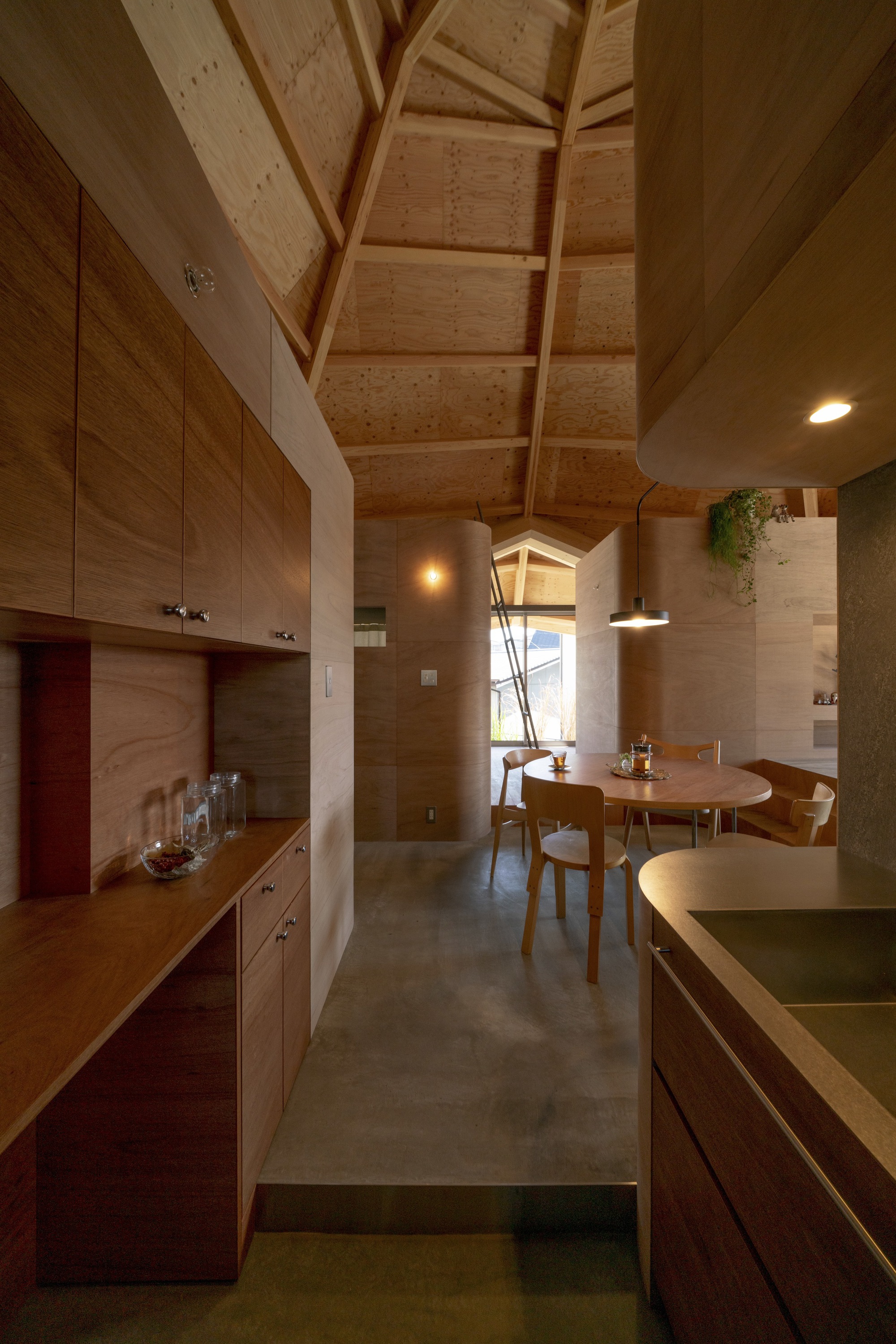 Kitchen with plywood cabinetry and open shelving beneath the exposed timber framing and vaulted ceiling