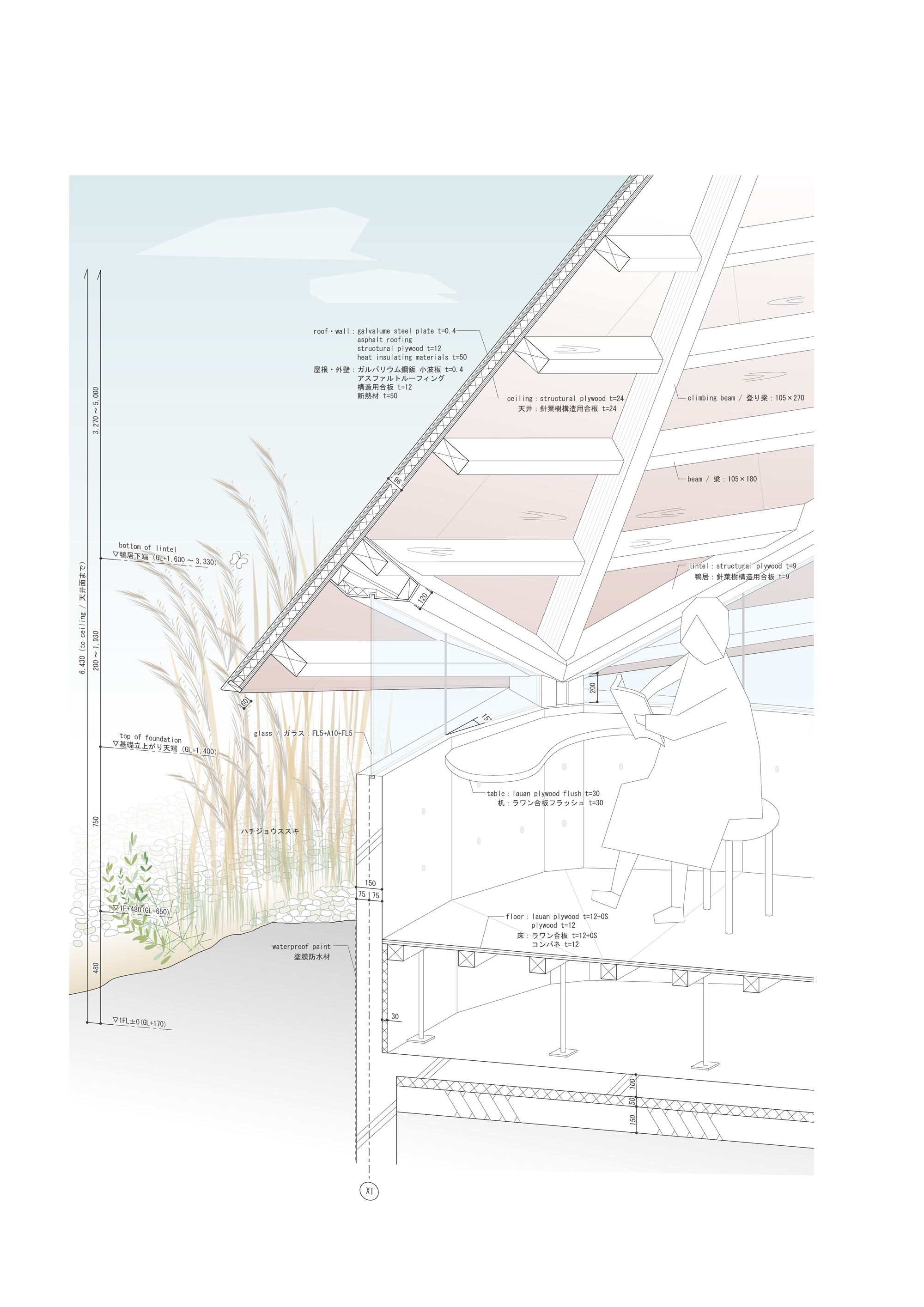 Detail section drawing showing ceiling joists, planted atrium and timber structure with annotations