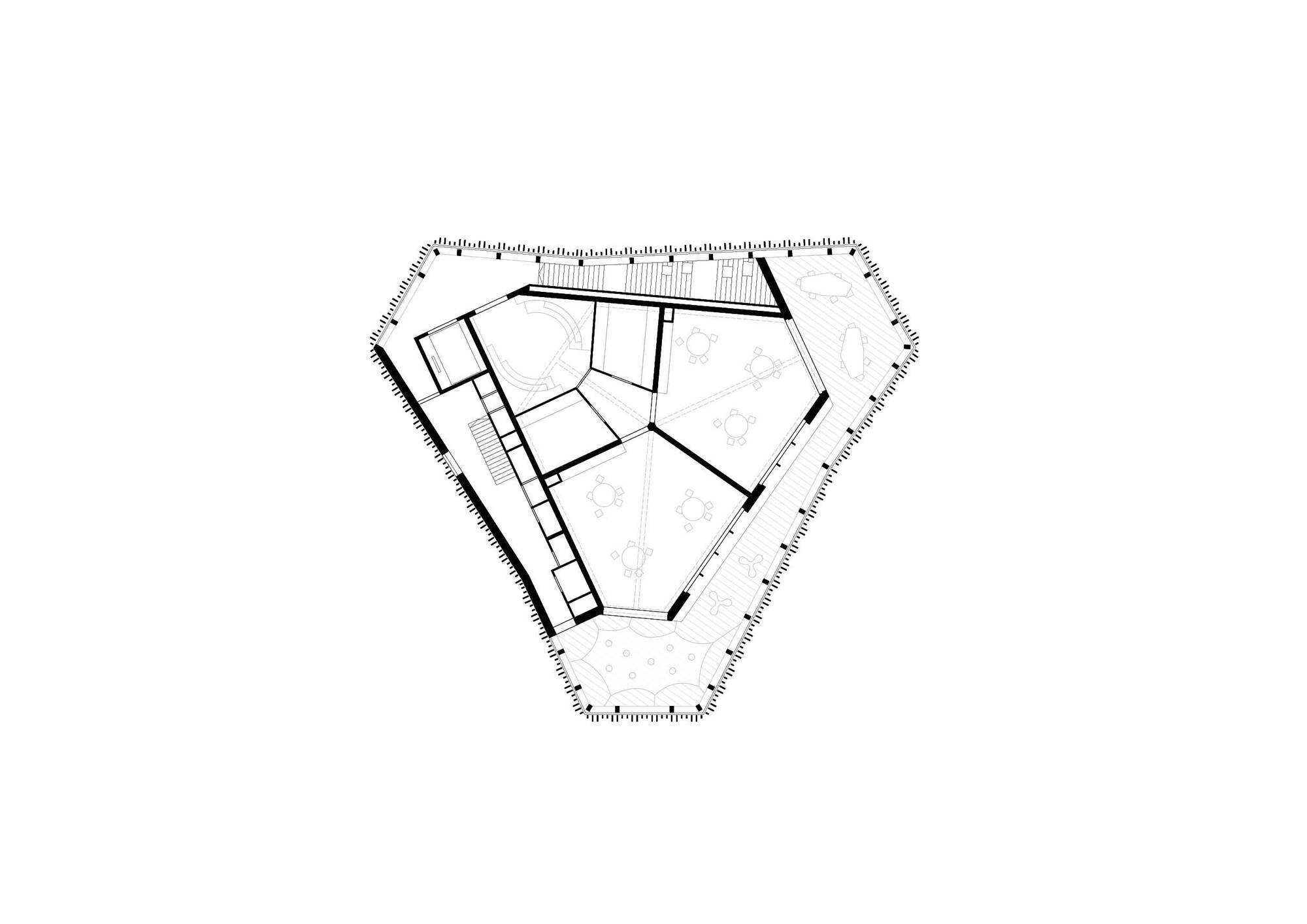 First floor plan drawing showing interior room divisions within the pentagonal perimeter