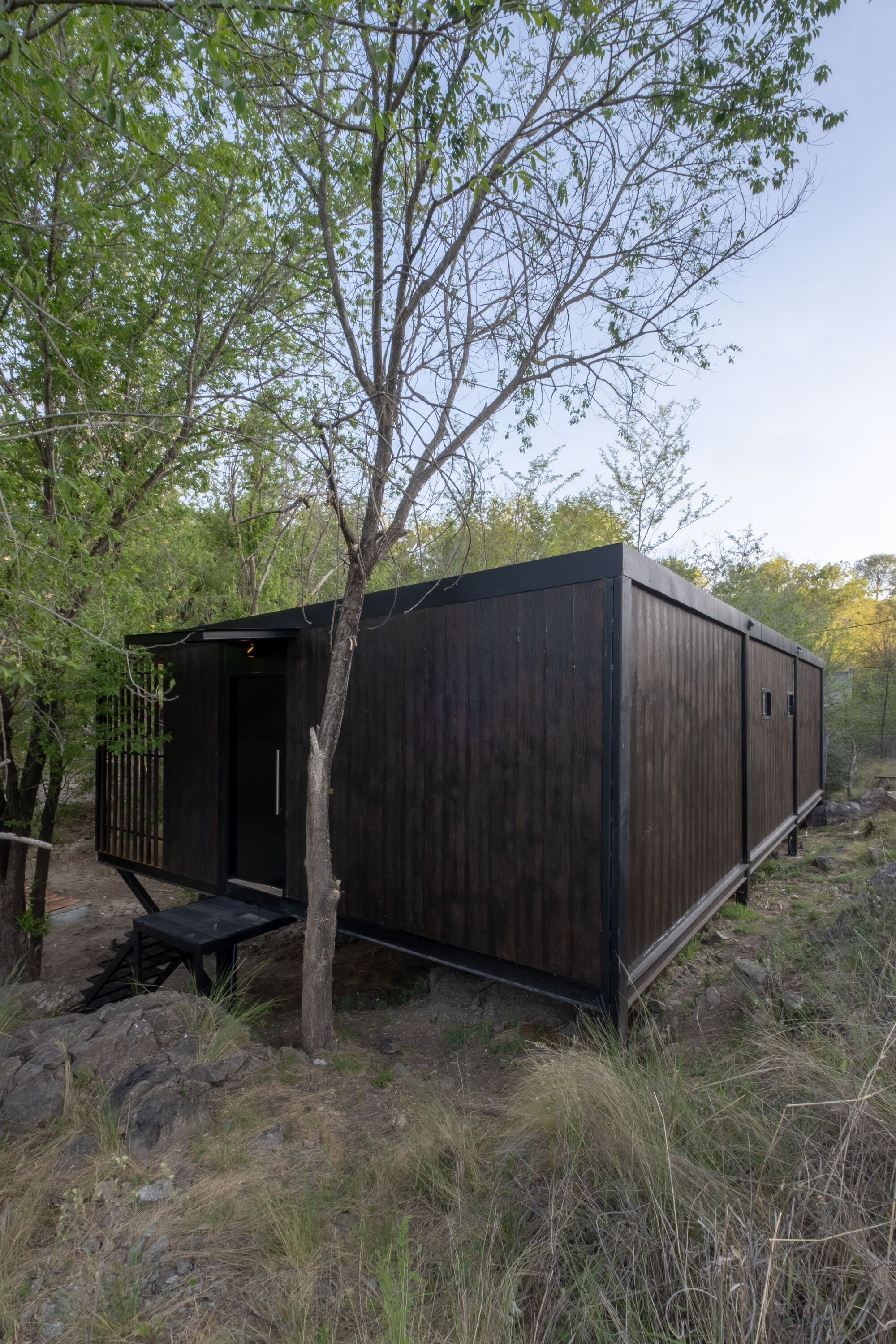 Corner view of the dark timber-clad volume elevated on steel stilts among bare trees