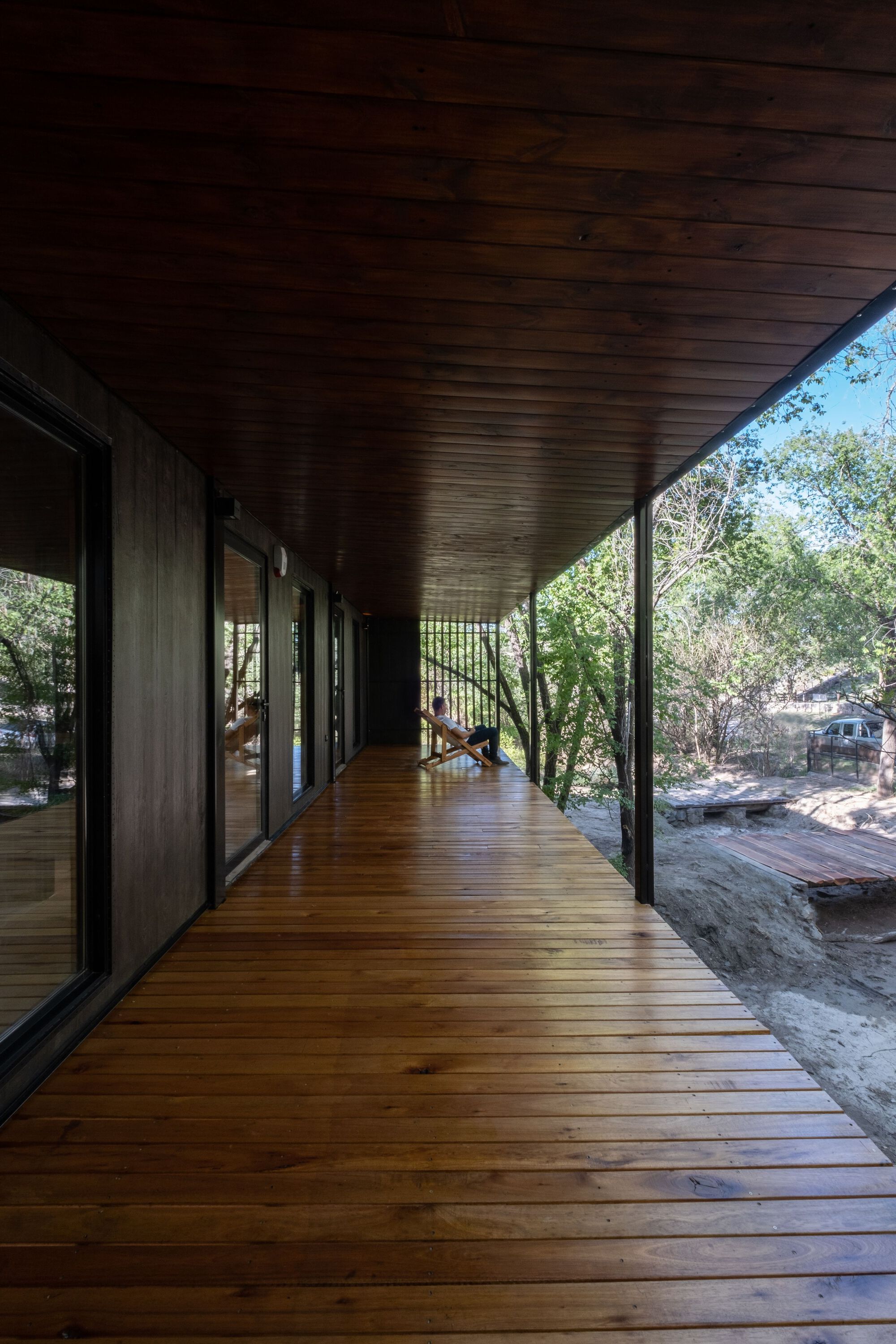 Covered timber deck with dark wood ceiling and glazed doors opening to surrounding trees