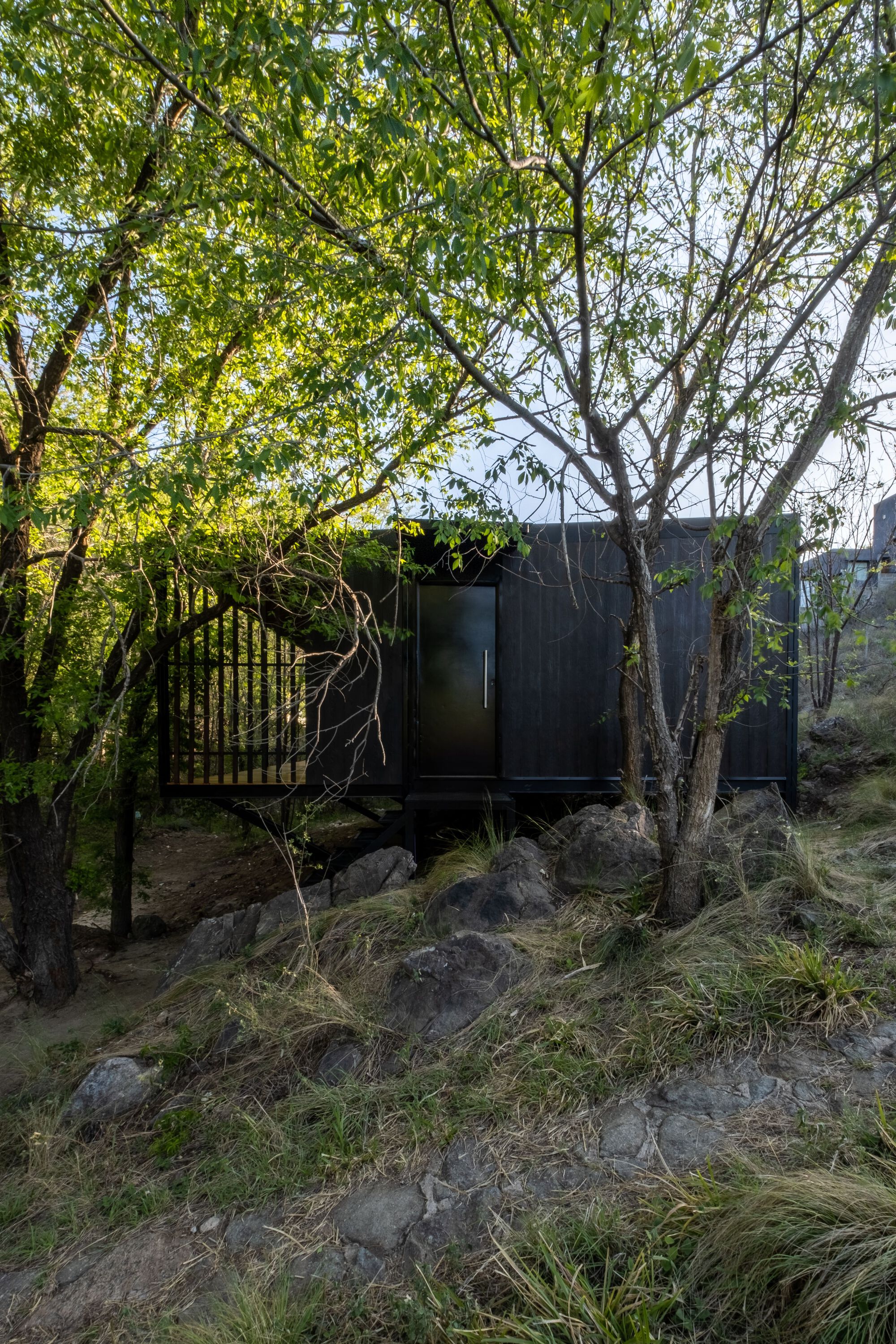 Dark timber volume on pilotis nestled among rocky terrain and deciduous trees