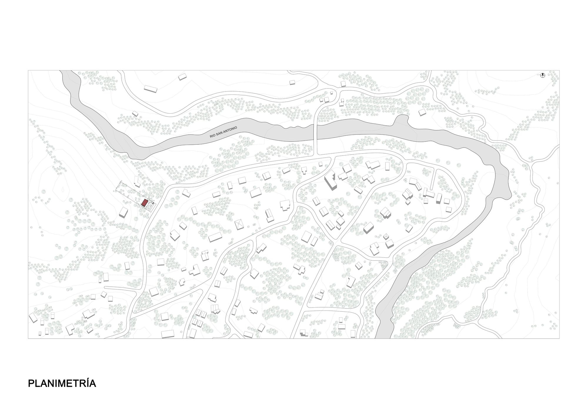 Site plan drawing showing the cabin location within a hillside residential development near a winding river