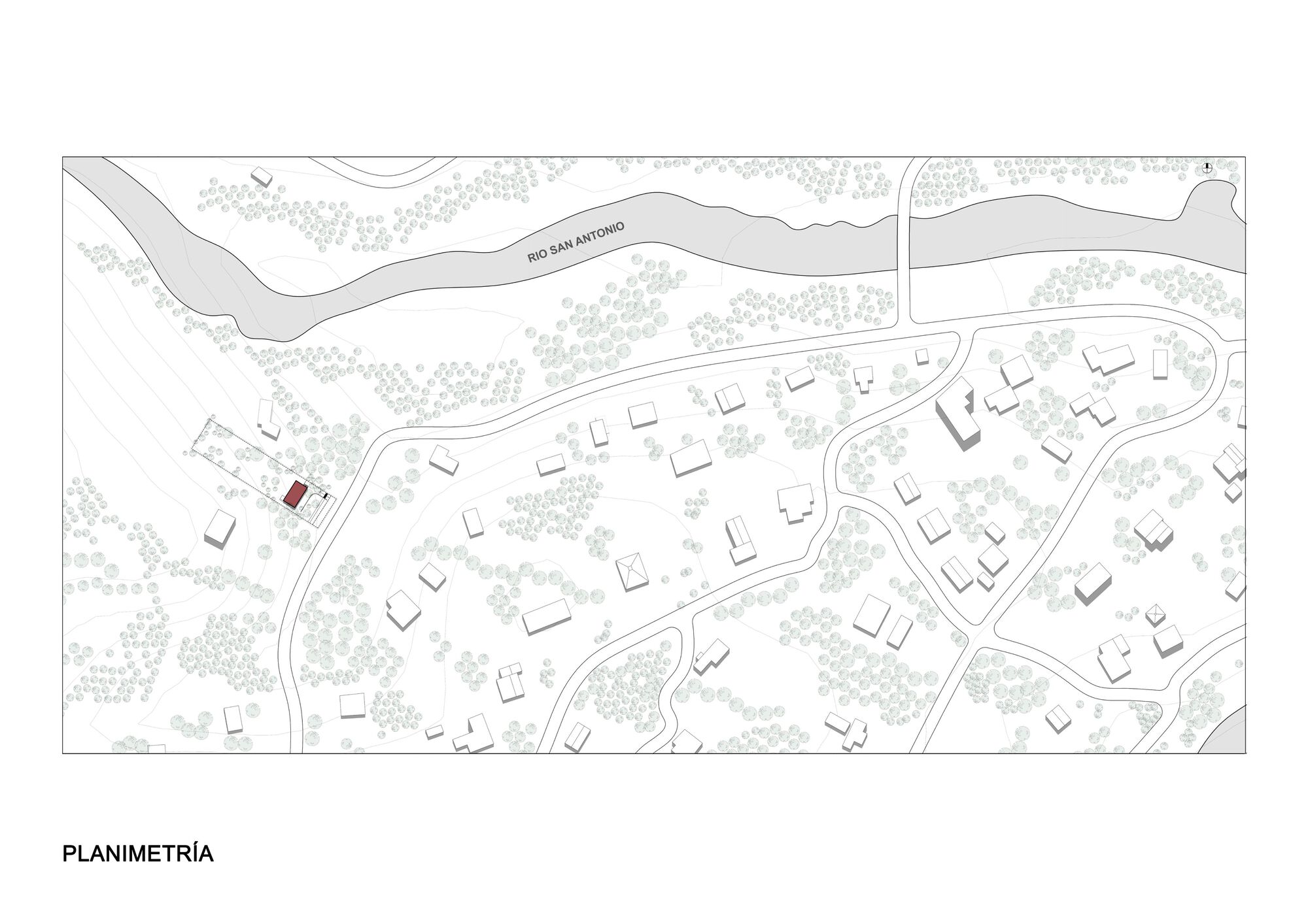 Site plan drawing showing one highlighted structure among scattered buildings and vegetation near a curving river