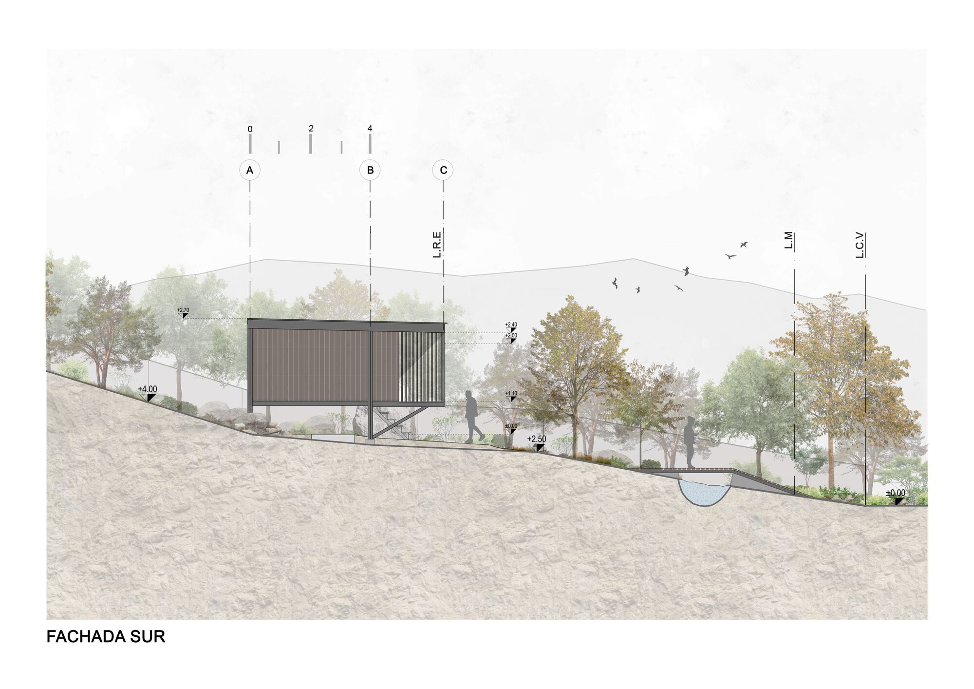 Elevation drawing showing the vertical slatted facade on a hillside with surrounding vegetation