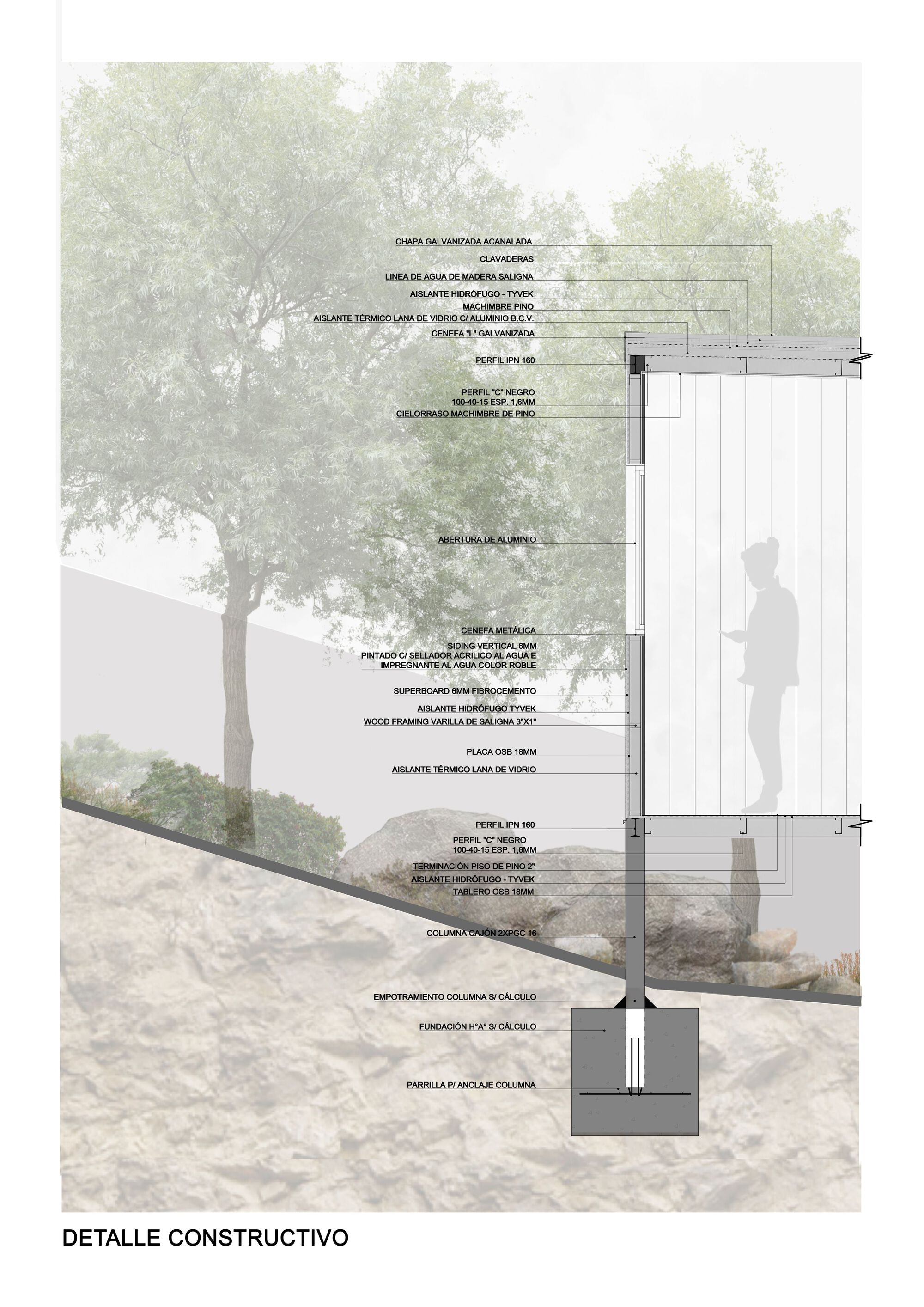 Construction detail section showing foundation, wall assembly, and roof layers with material annotations and surrounding landscape