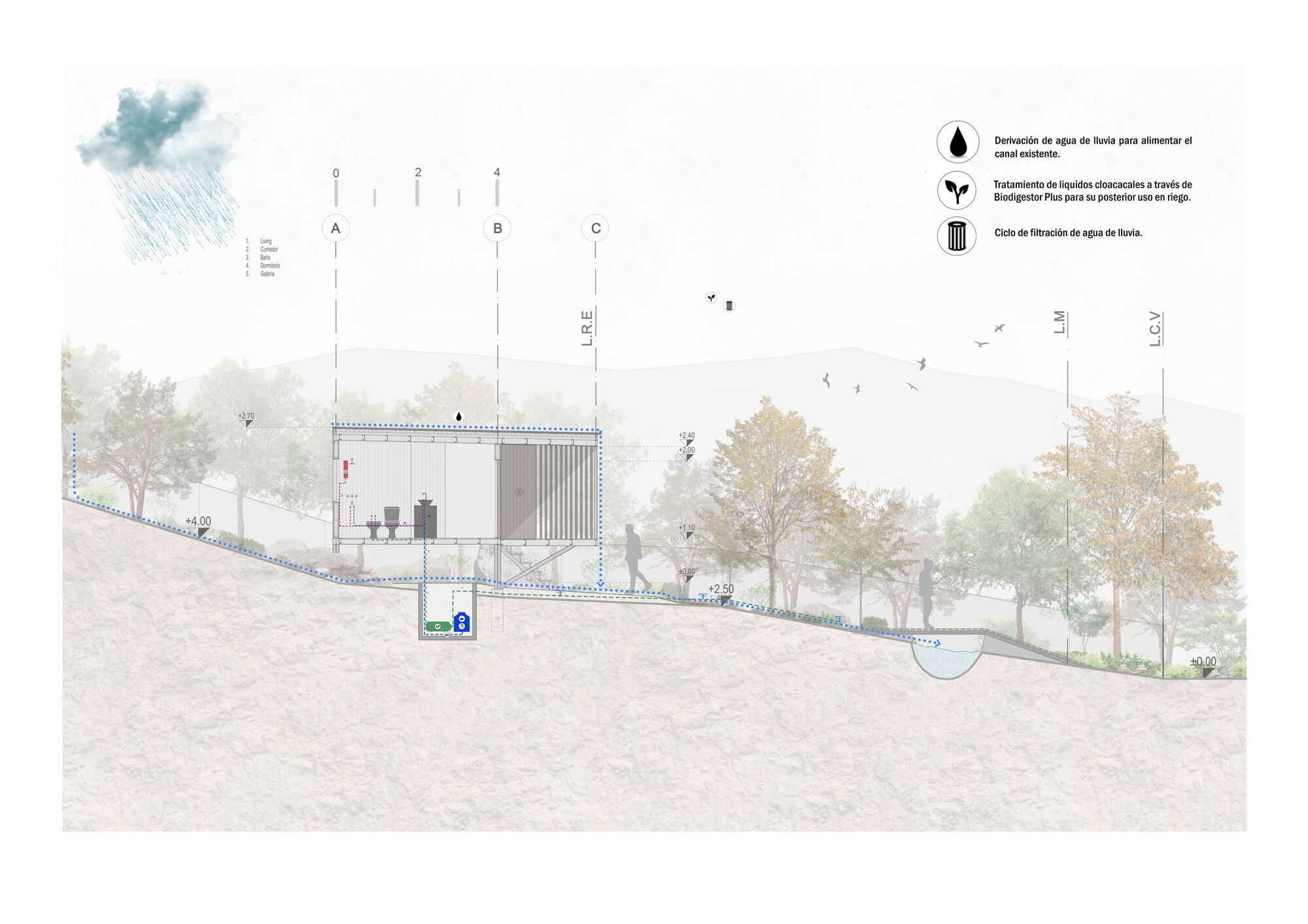 Section drawing illustrating rainwater collection and irrigation systems on the sloped site with planted vegetation