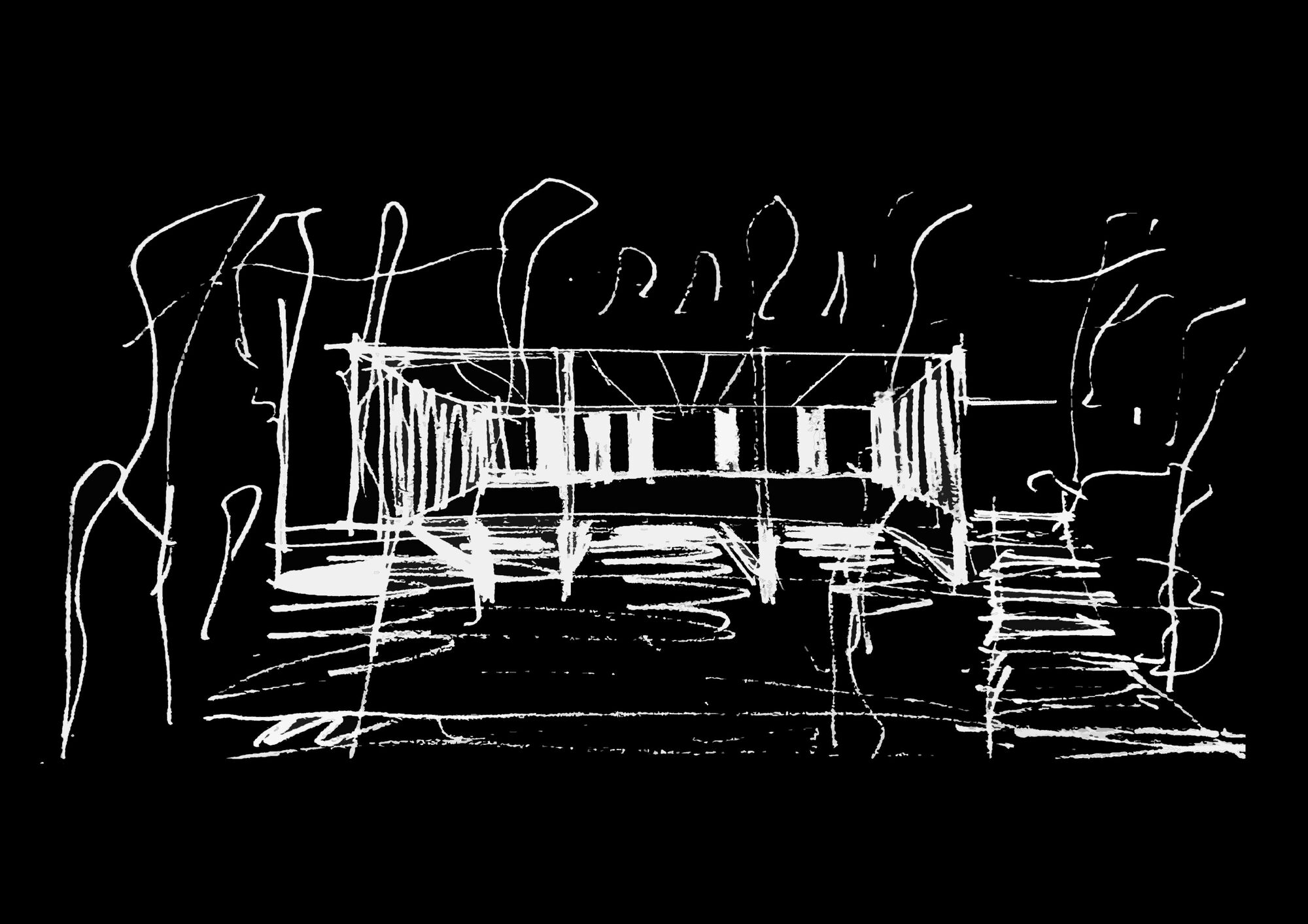Sketch drawing showing a horizontal pavilion structure nestled among trees with linear openings across its facade
