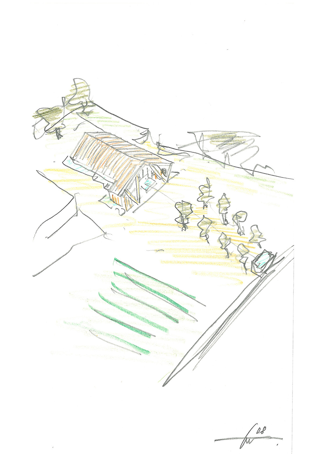 Sketch showing an aerial view of a sloped roof structure with yellow and green landscape bands