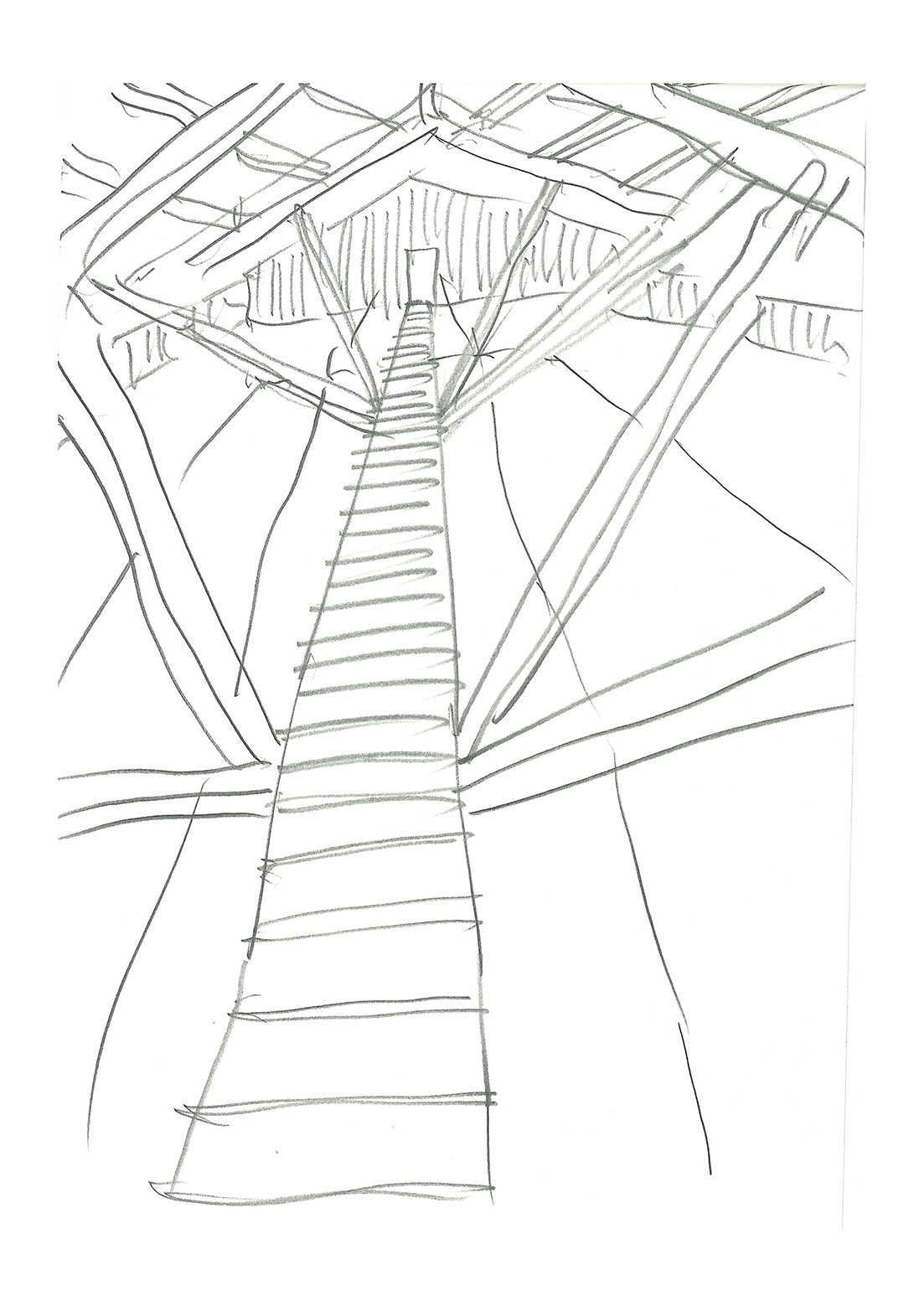 Sketch depicting an upward view of timber beams and a central stairway converging at a pyramidal ceiling