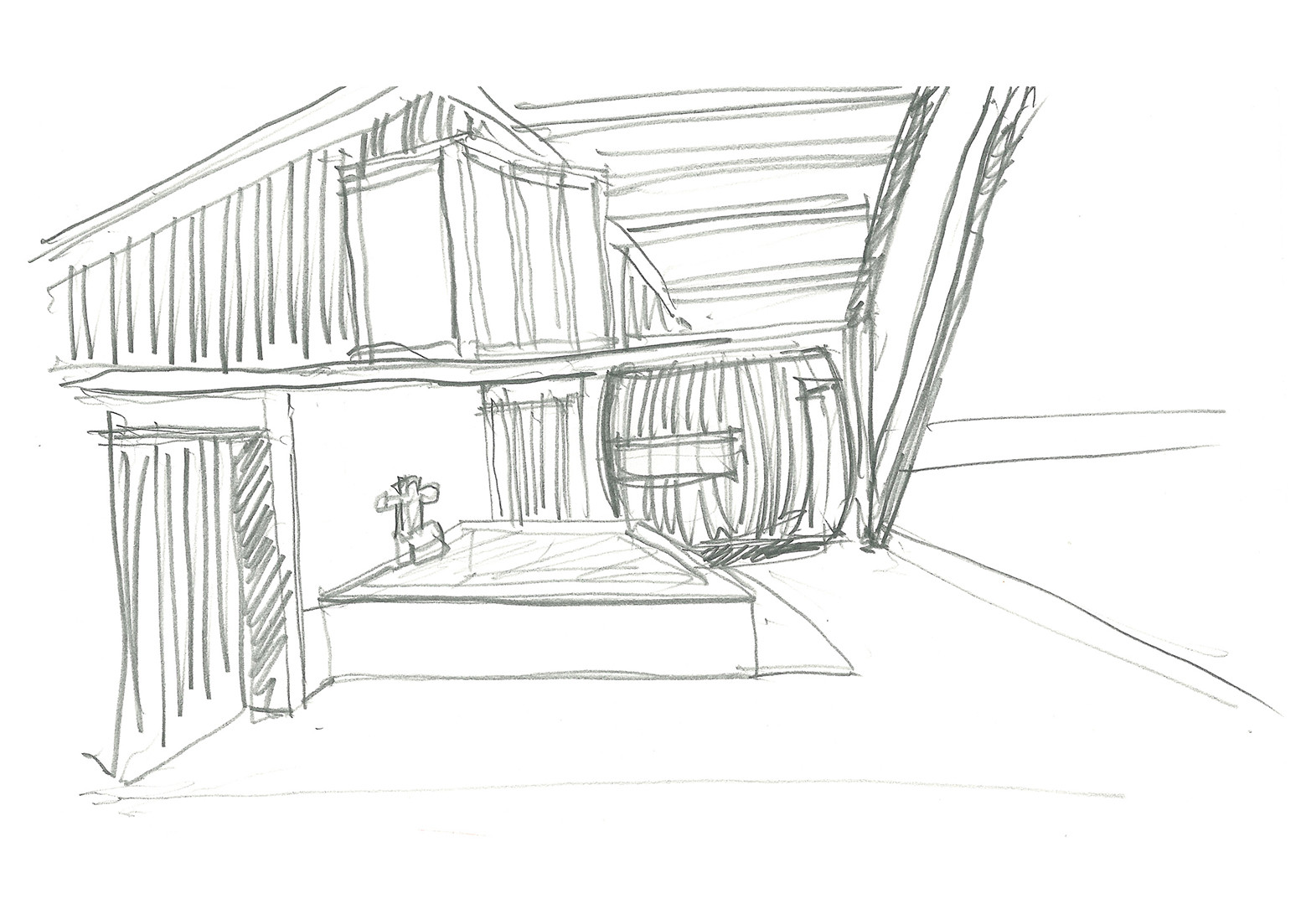 Perspective sketch of an interior space beneath exposed rafters with vertical timber slat walls