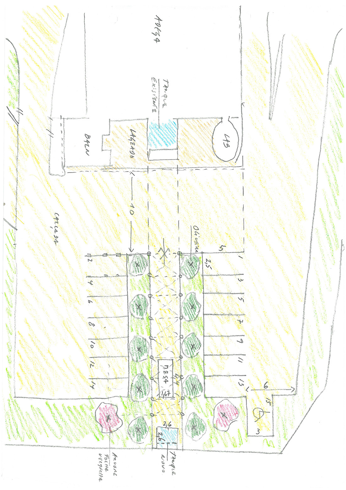 Site plan drawing showing a rectangular building footprint with planted areas and surrounding landscape