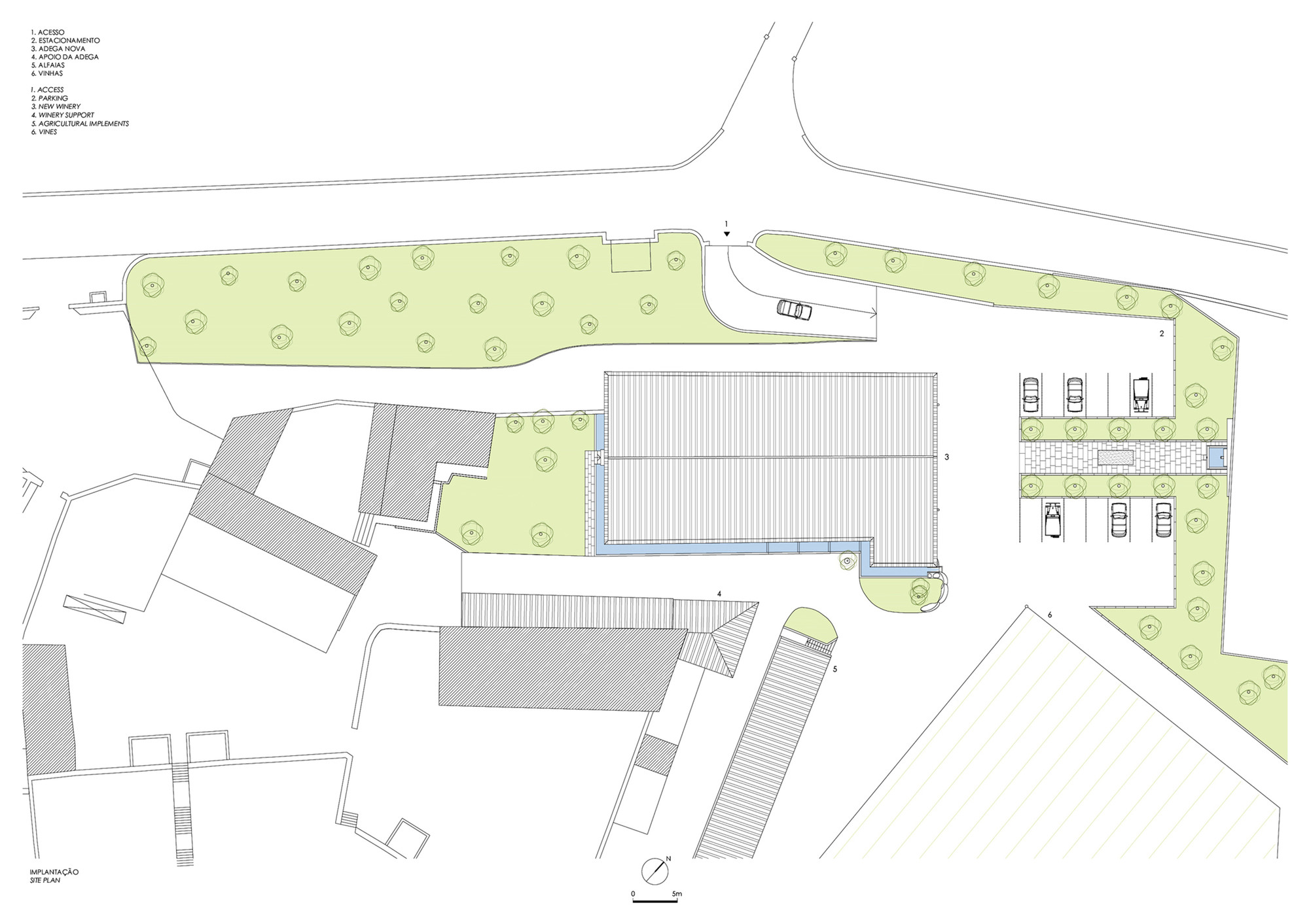 Site plan drawing showing a linear building with parking spaces and surrounding green areas with trees