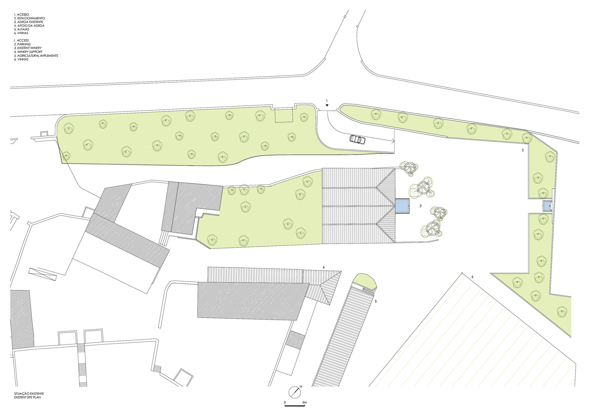 Site plan drawing showing multiple buildings arranged around green spaces with tree symbols