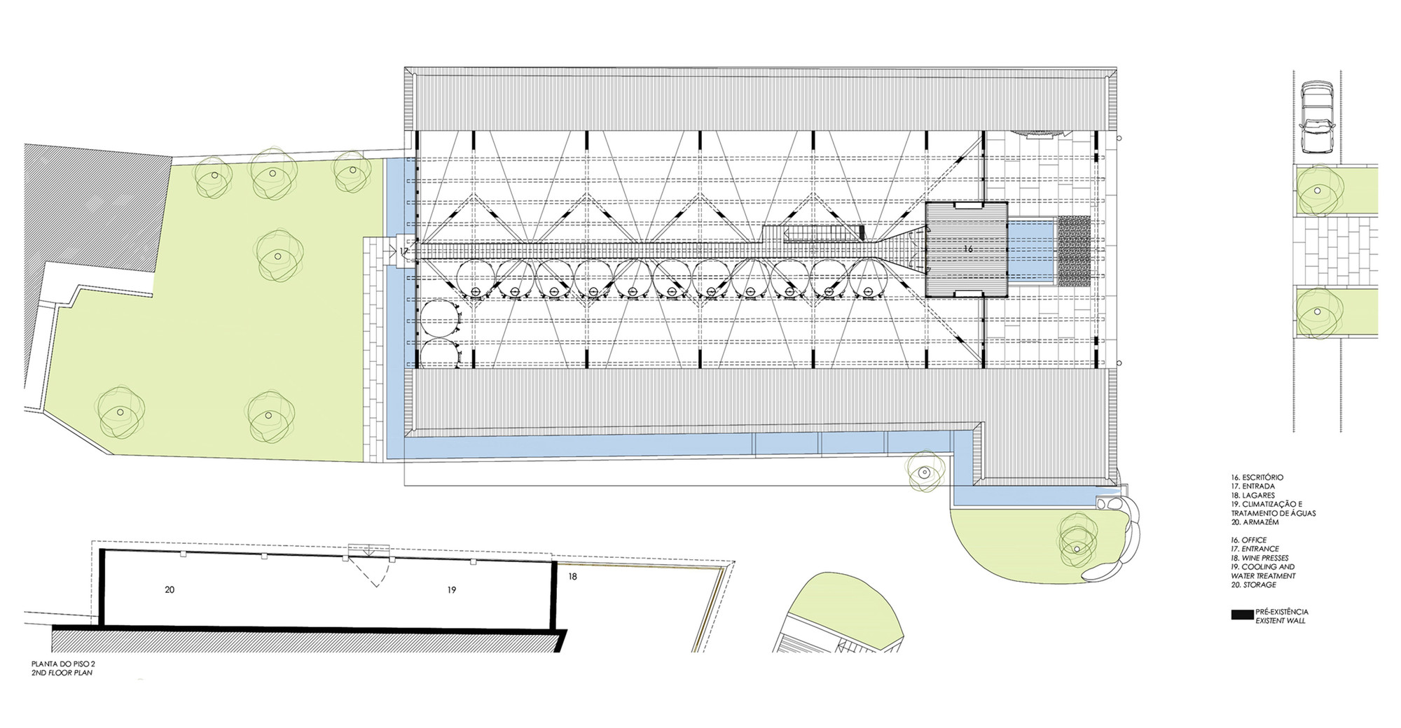 Floor plan and section drawing of a long rectangular hall with skylights and flanking green areas