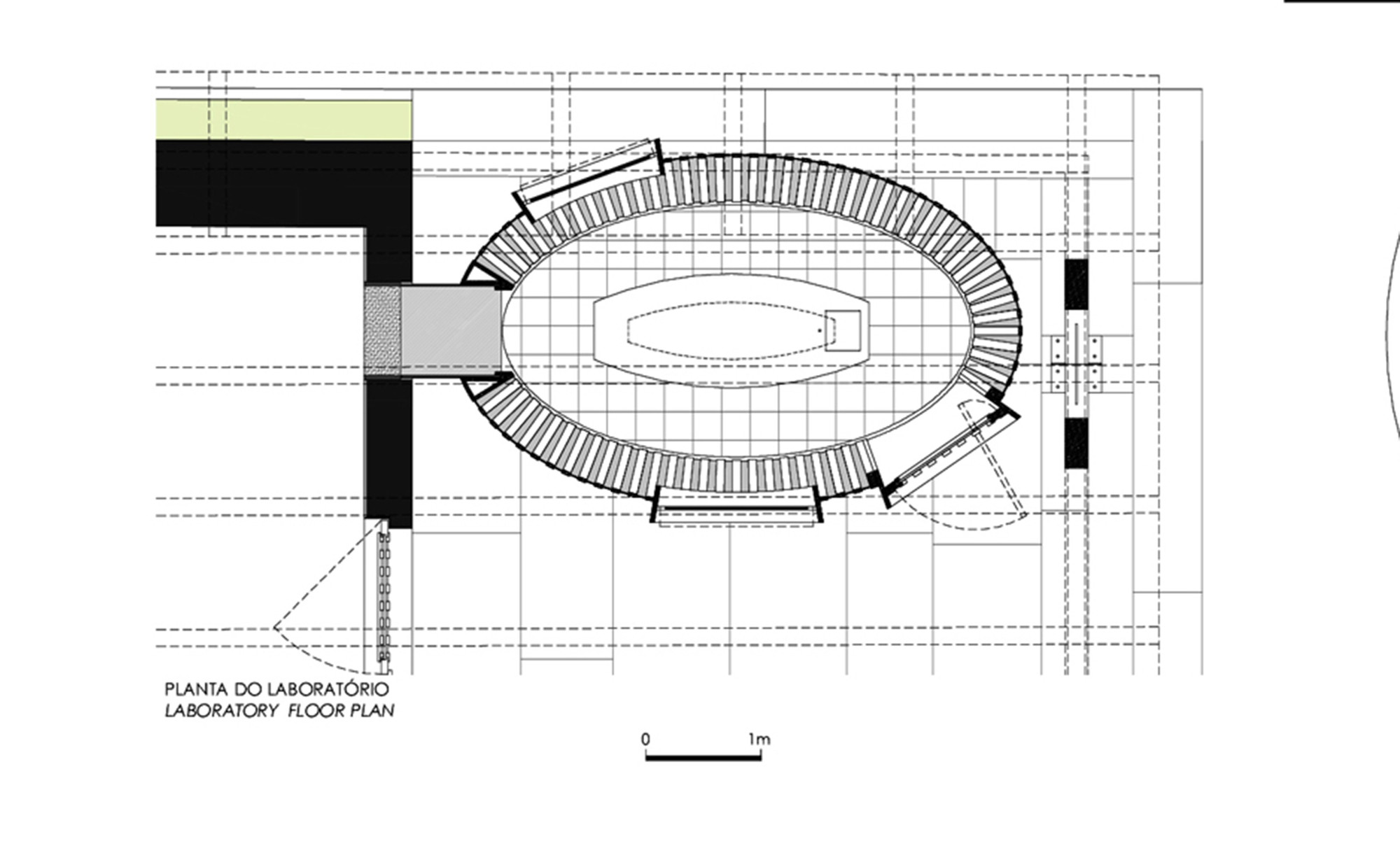 Floor plan drawing of an oval laboratory with continuous perimeter workspace and central opening