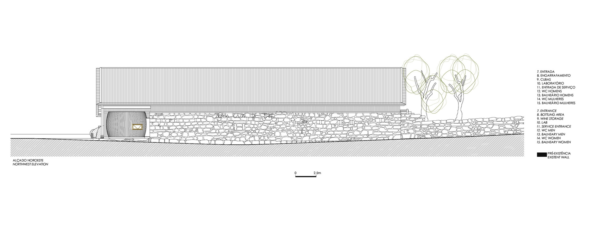 Elevation drawing showing a low horizontal building behind a planted slope with two trees