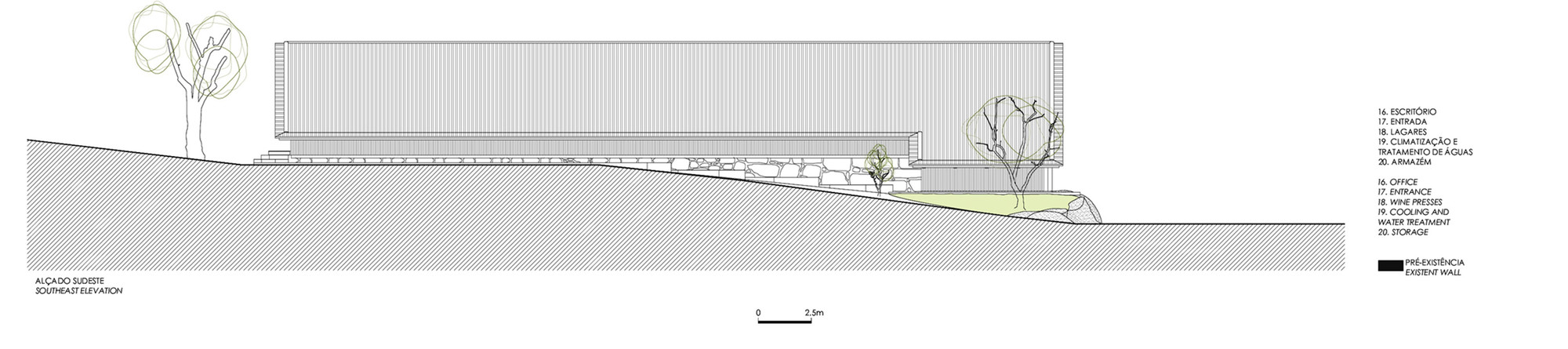 Longitudinal section drawing showing horizontal volume set into hillside with planted roof