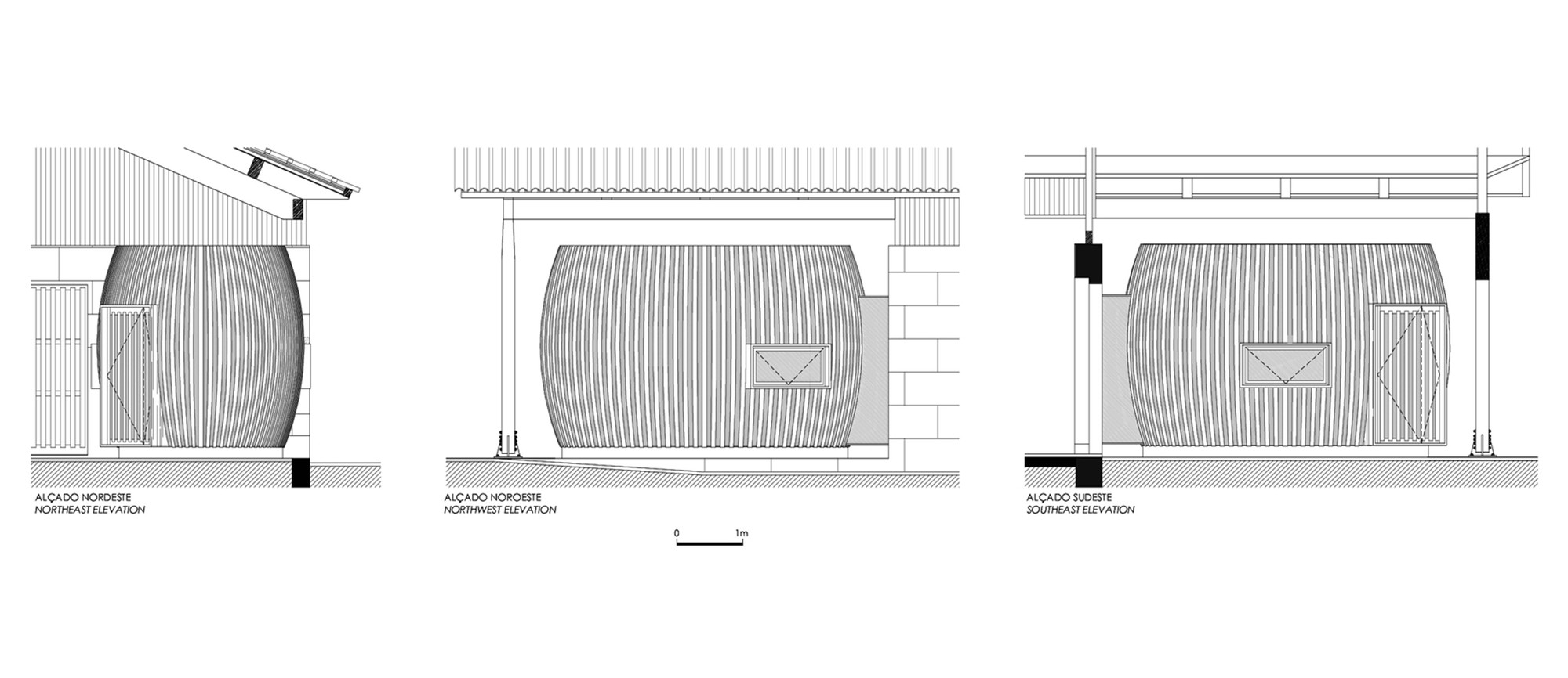 Facade elevation drawings showing three variations of corrugated metal cladding and stone base details